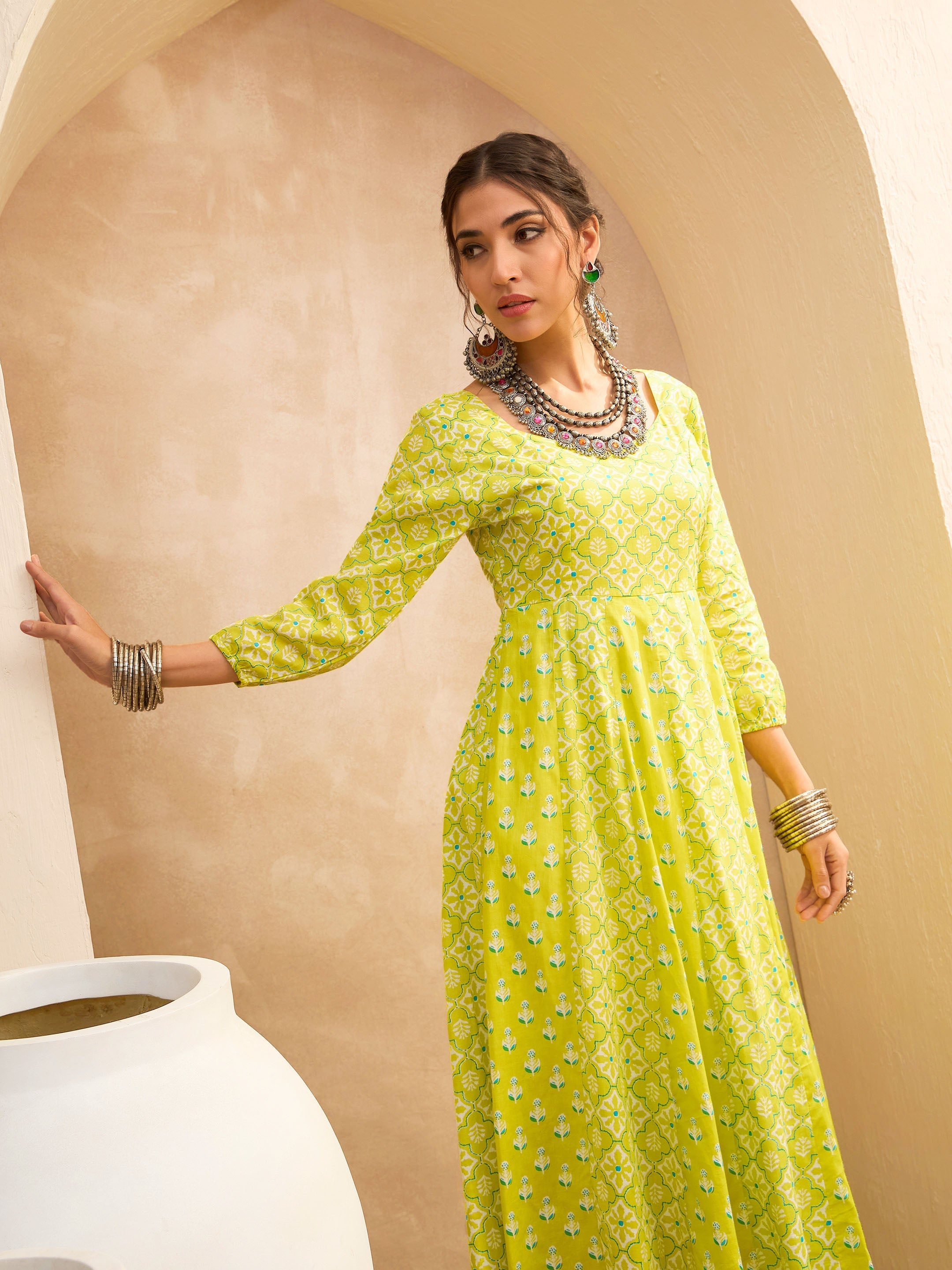 Women's Lime Green Floral Anarkali Kurta With Straight Pants-SHAE