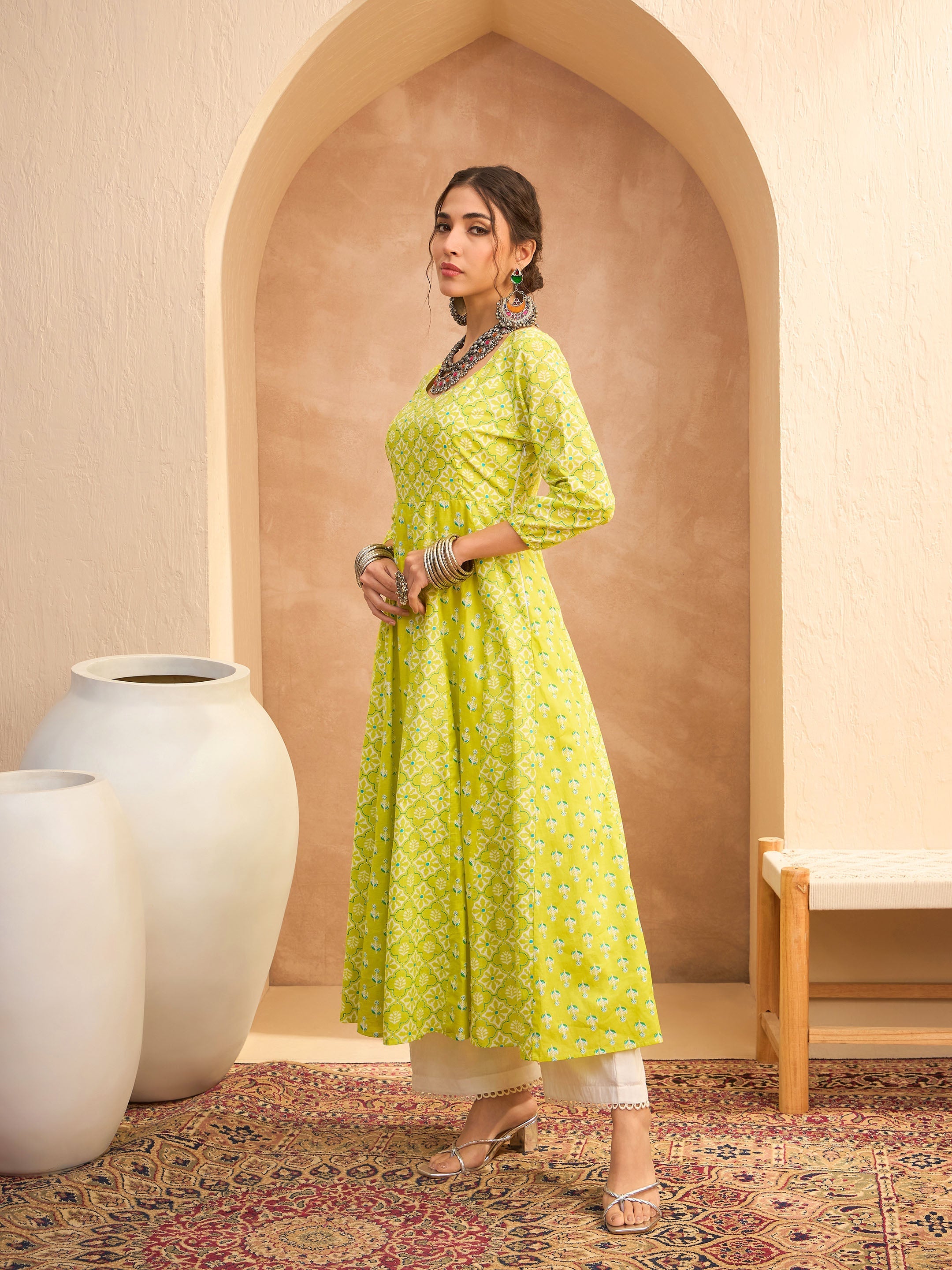 Women's Lime Green Floral Anarkali Kurta With Straight Pants-SHAE