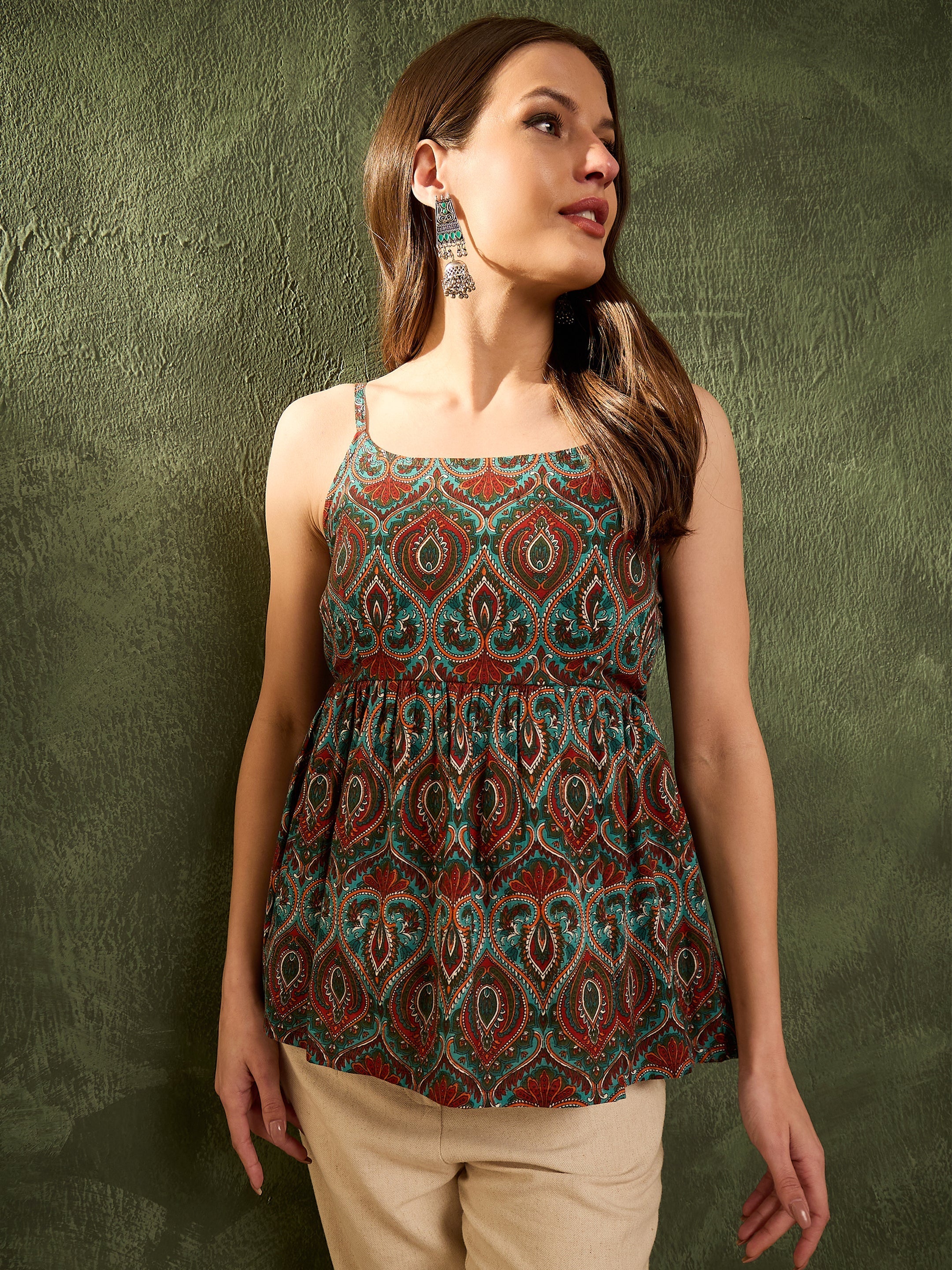 Women's Green Floral Strappy Peplum Kurti