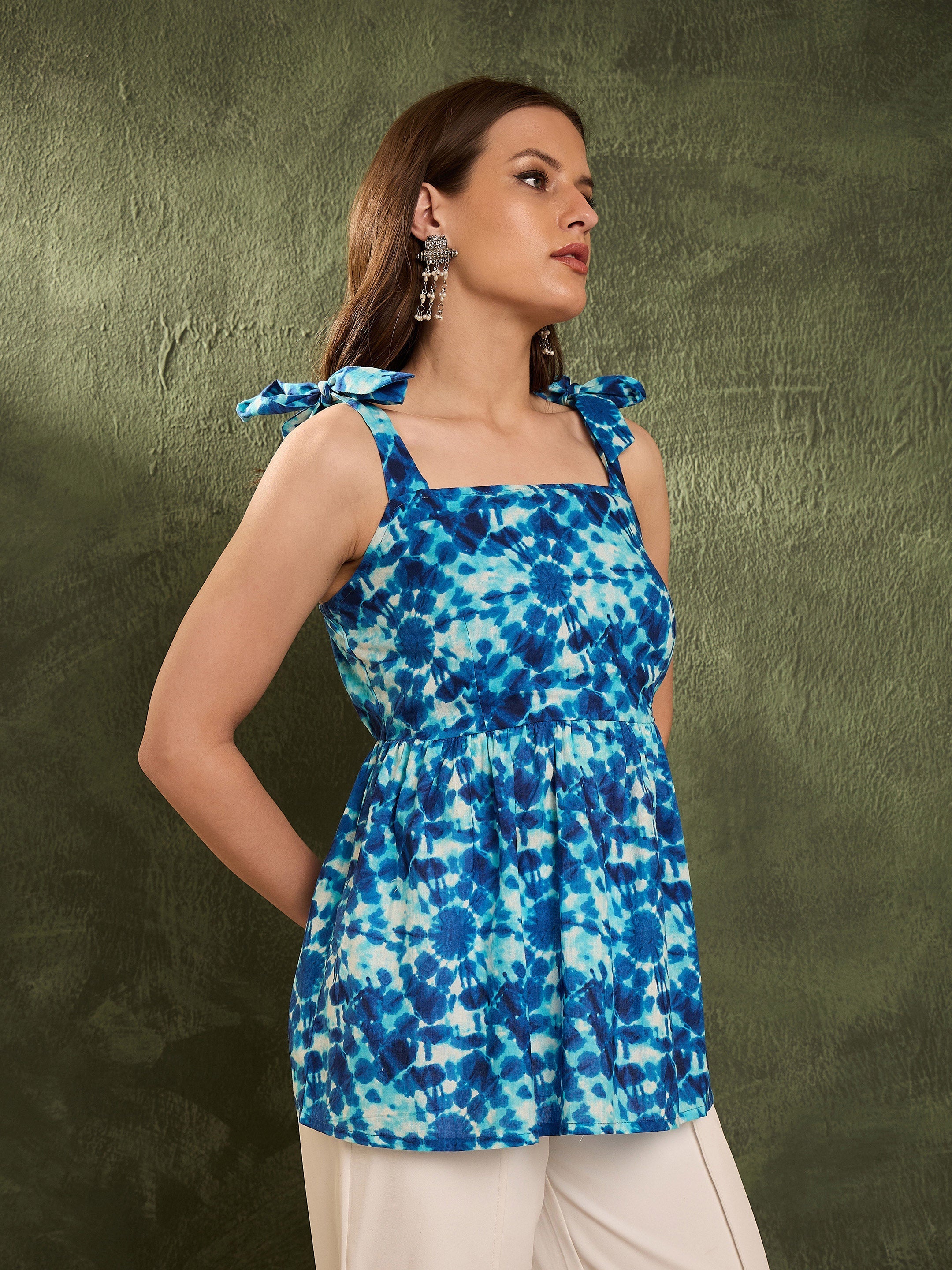Women's Blue Tie & Dye Tie Up Peplum Kurti
