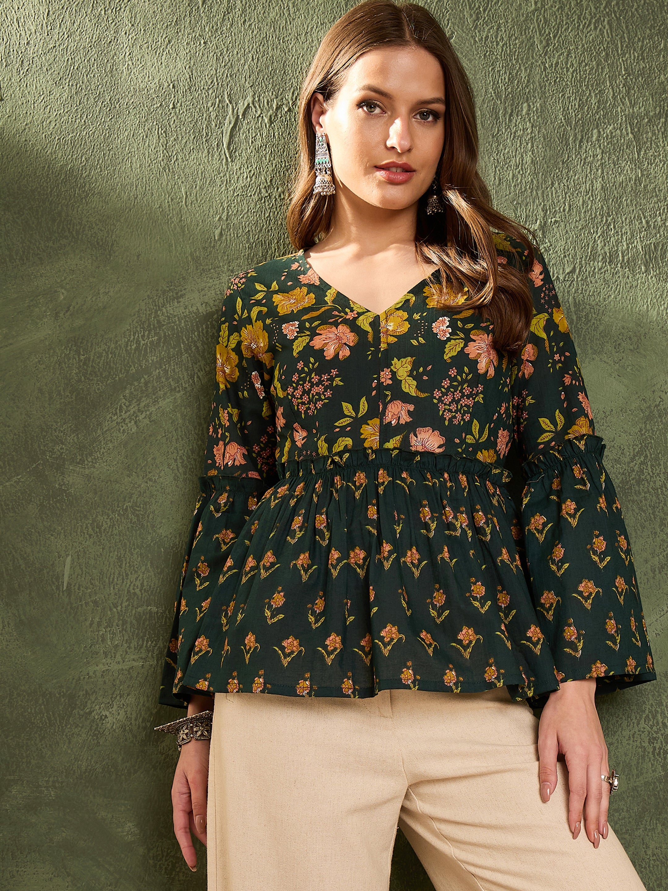 Women's Dark Green Floral V Neck Frill Sleeve Peplum Kurti