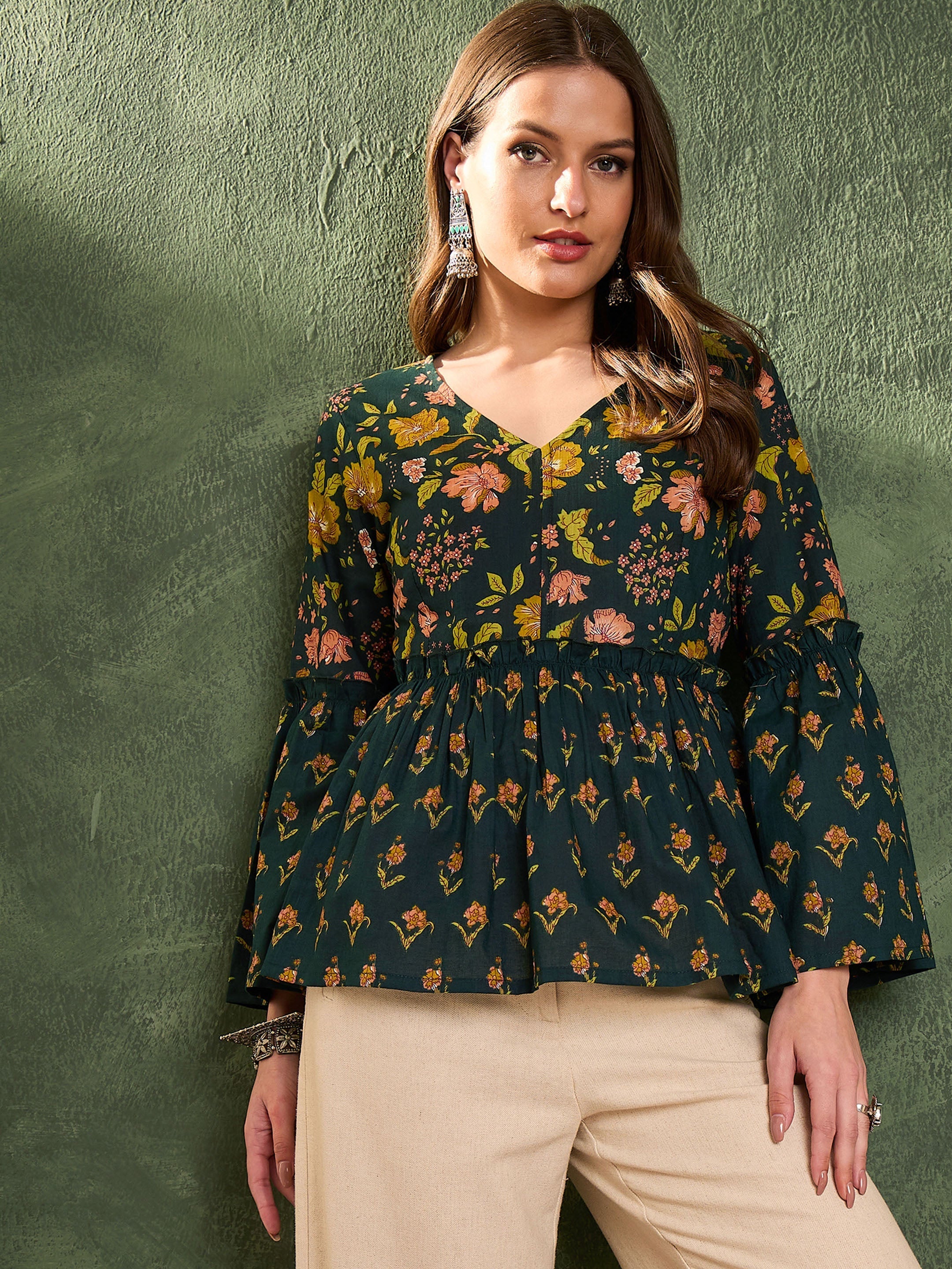 Women's Dark Green Floral V Neck Frill Sleeve Peplum Kurti