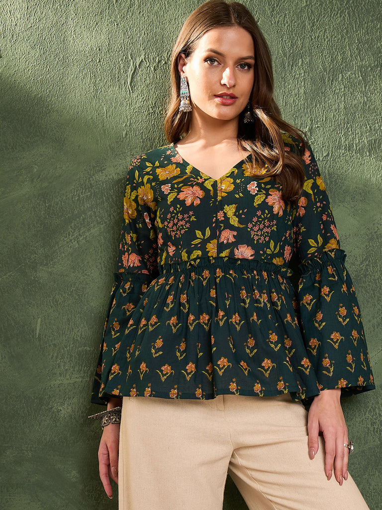 Women's Dark Green Floral V Neck Frill Sleeve Peplum Kurti