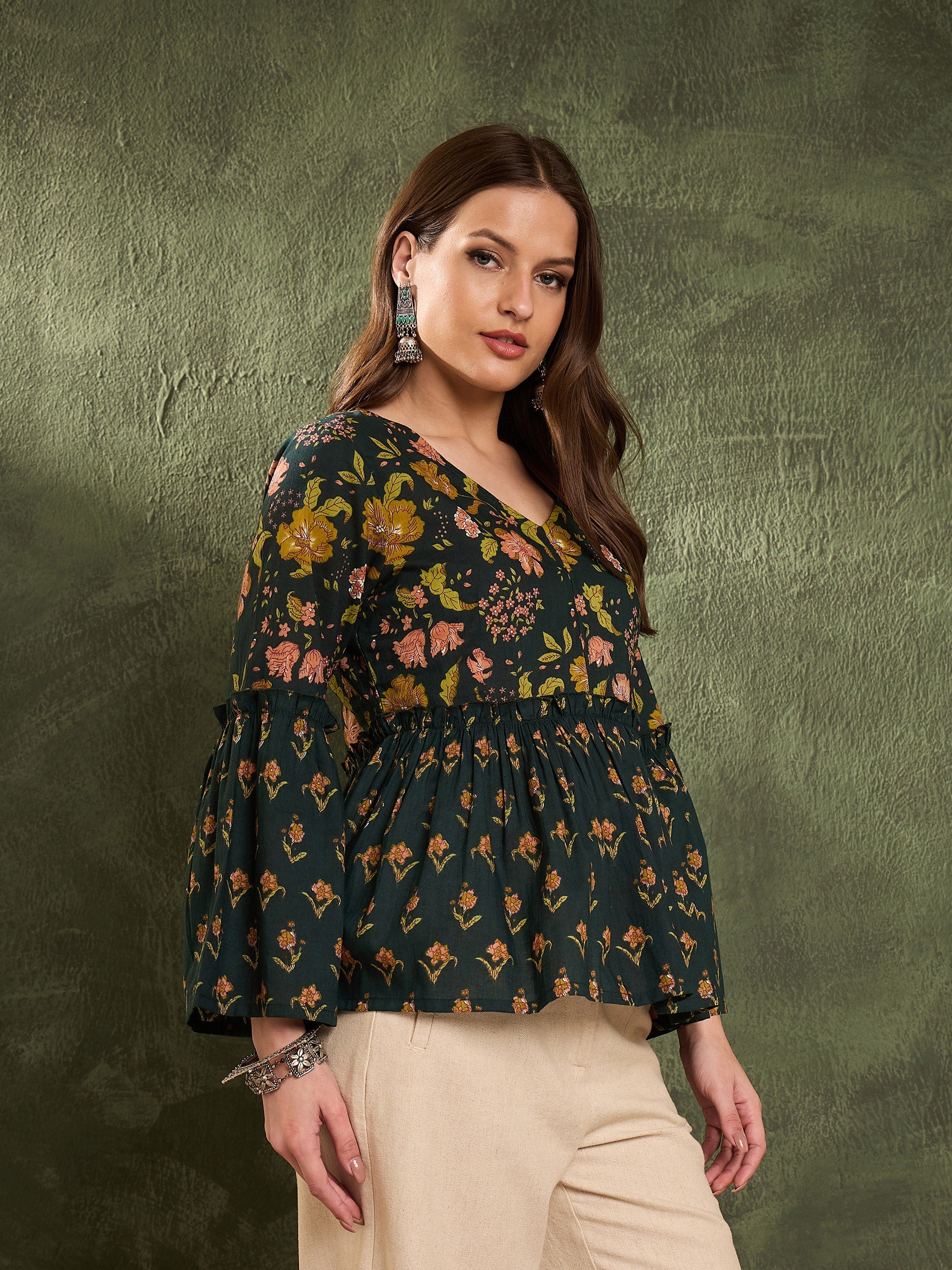 Women's Dark Green Floral V Neck Frill Sleeve Peplum Kurti