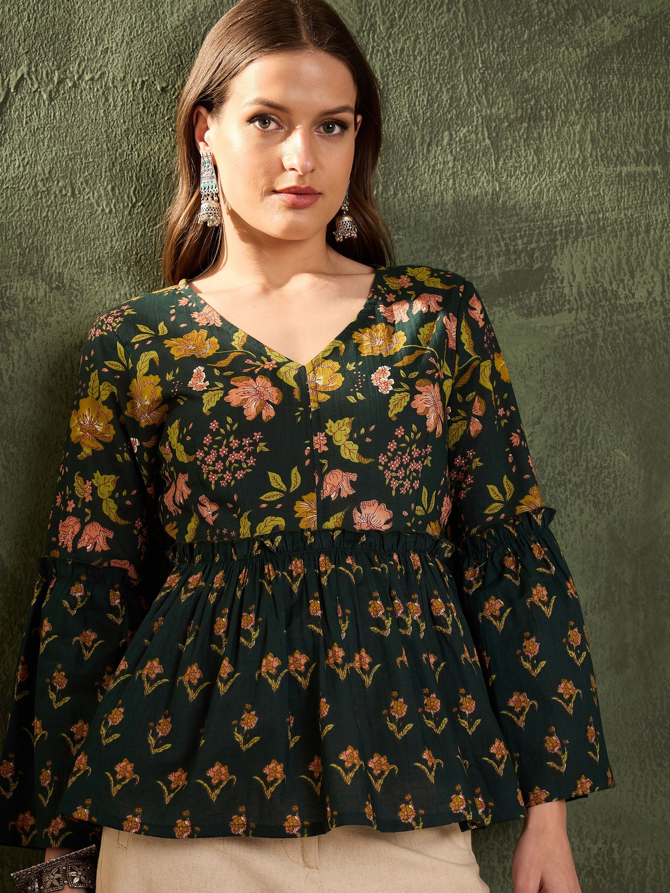 Women's Dark Green Floral V Neck Frill Sleeve Peplum Kurti