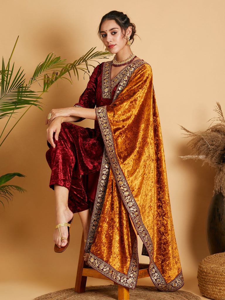 Women's Mustard Velvet Lace Detail Dupatta Only