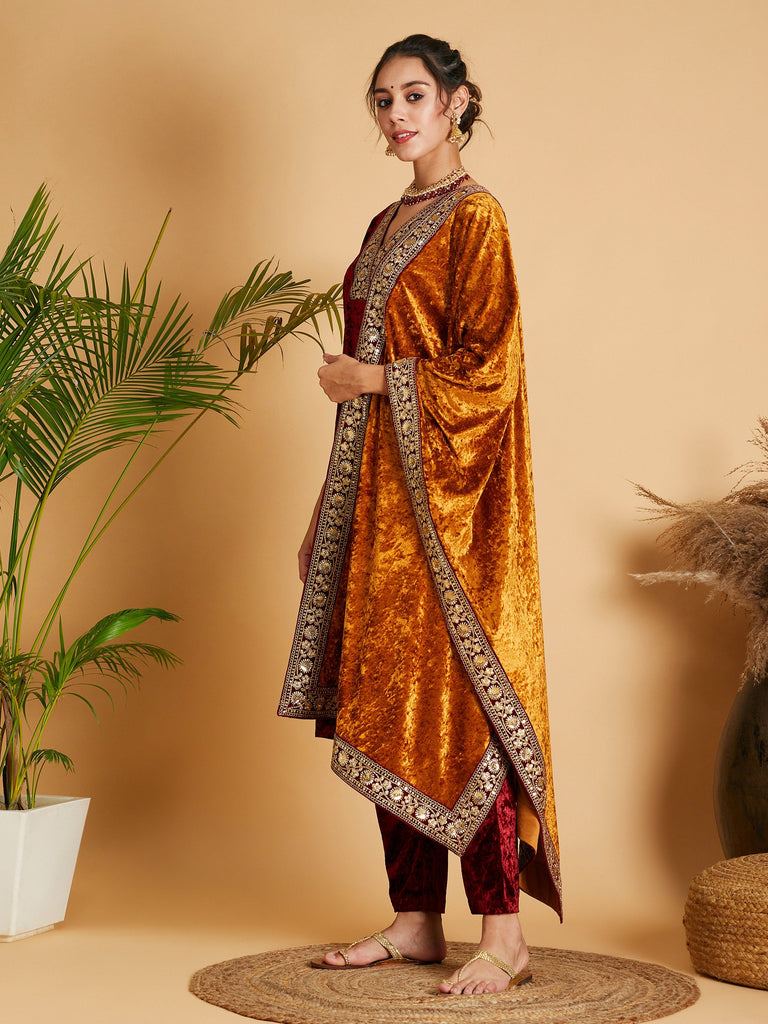 Women's Mustard Velvet Lace Detail Dupatta Only