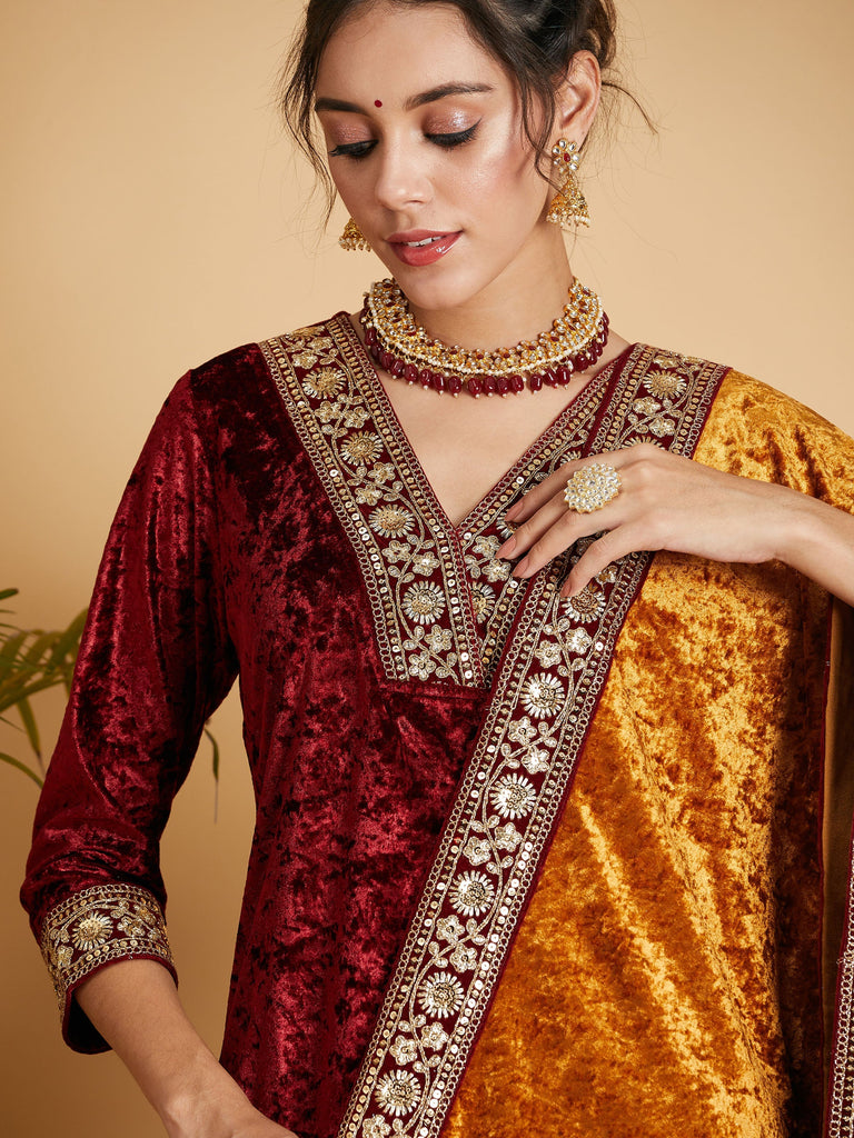 Women's Mustard Velvet Lace Detail Dupatta Only