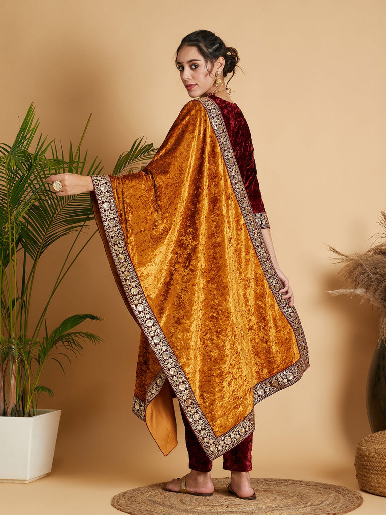 Women's Mustard Velvet Lace Detail Dupatta Only