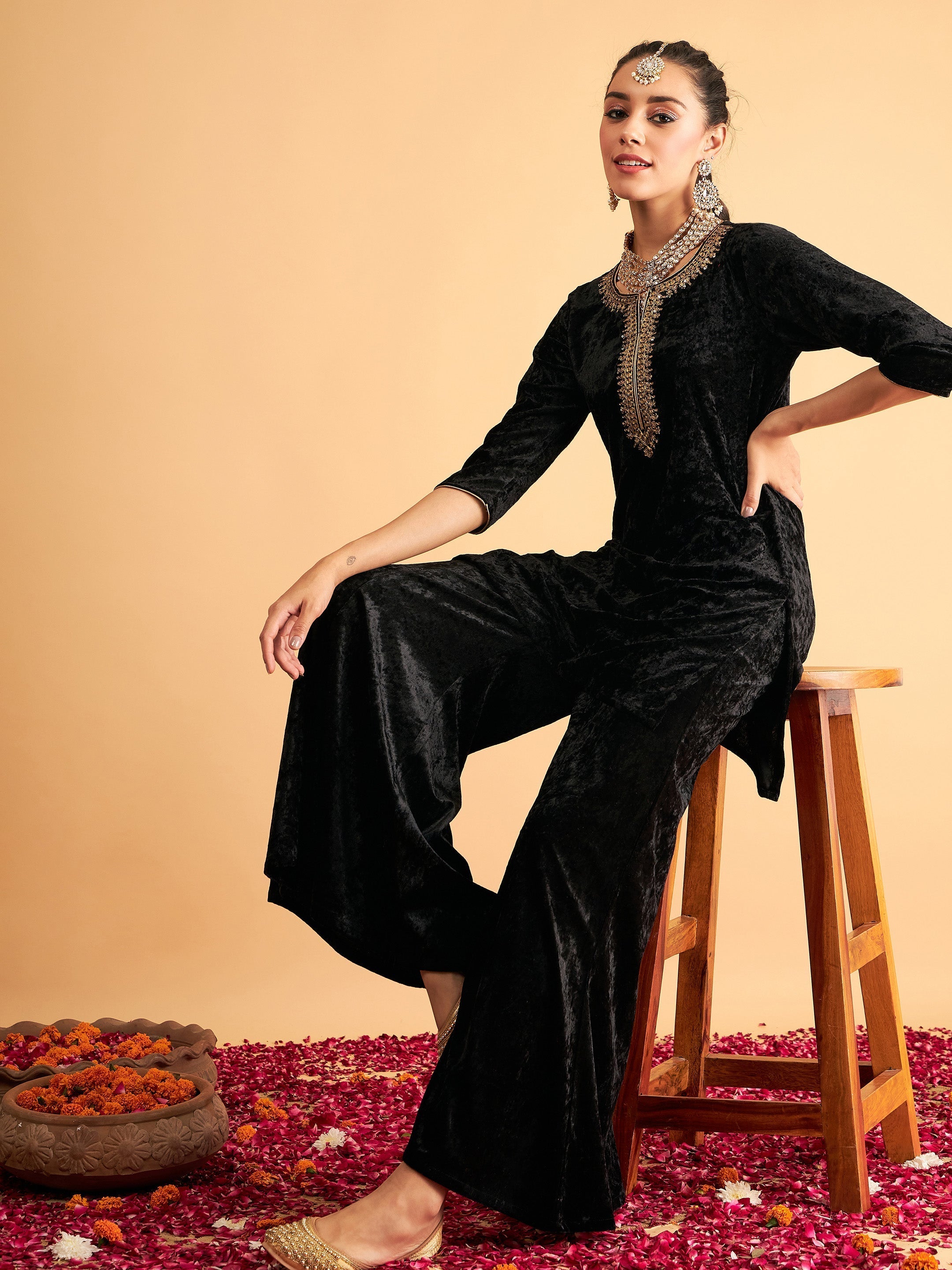 Women's Black Velvet Embroidered Short Kurta With Palazzos