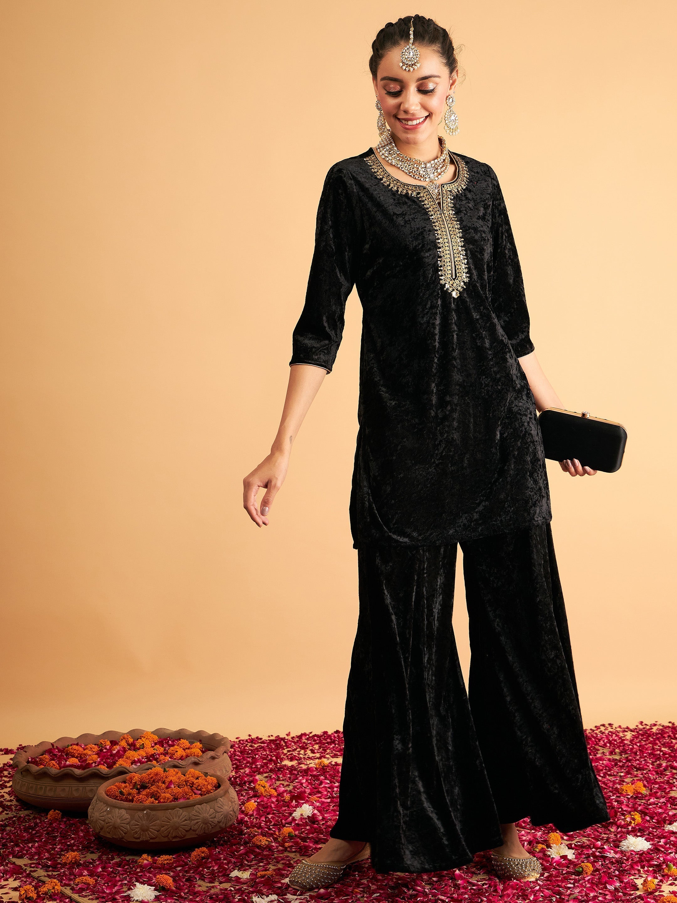 Women's Black Velvet Embroidered Short Kurta With Palazzos