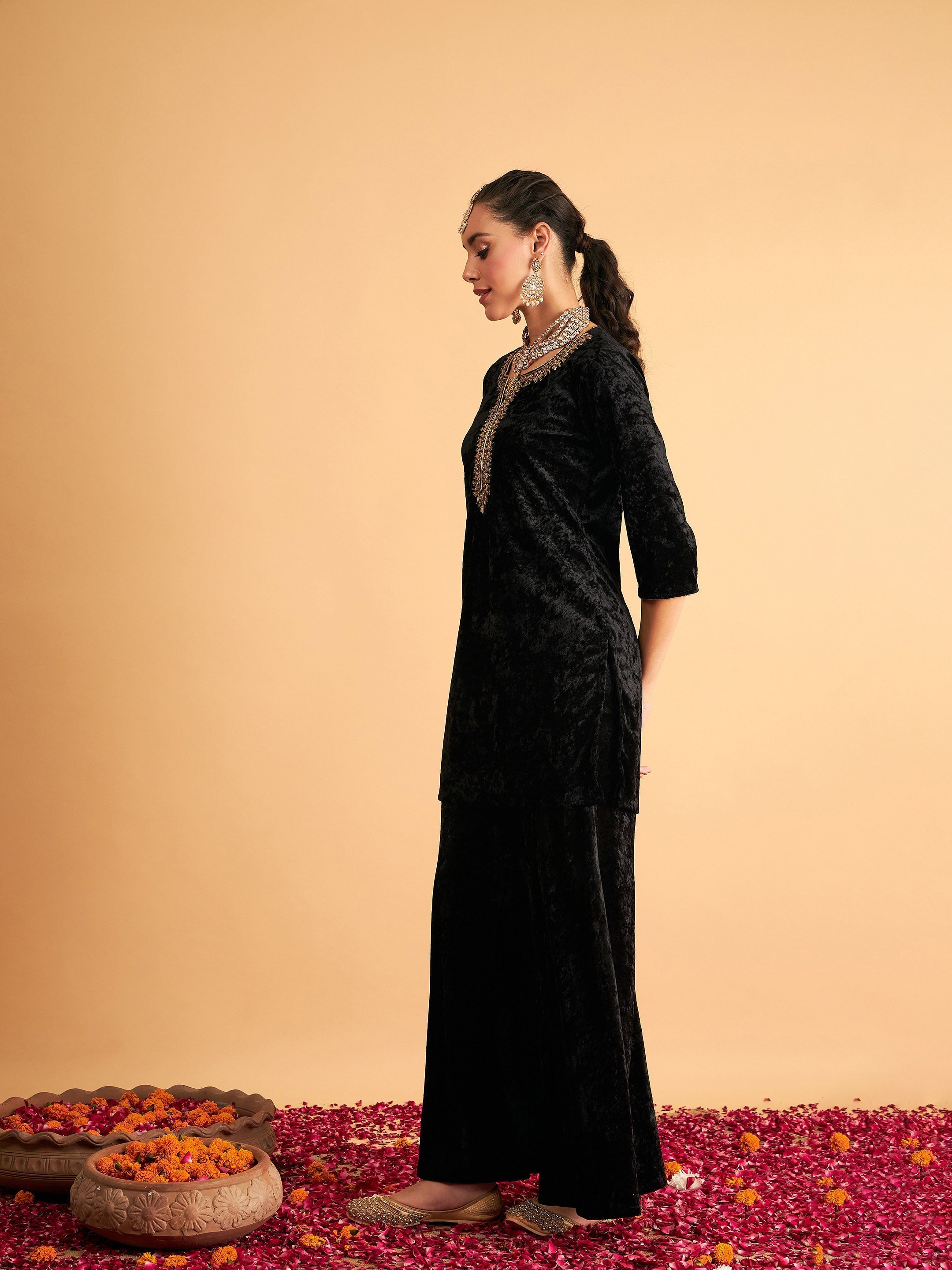 Women's Black Velvet Embroidered Short Kurta With Palazzos