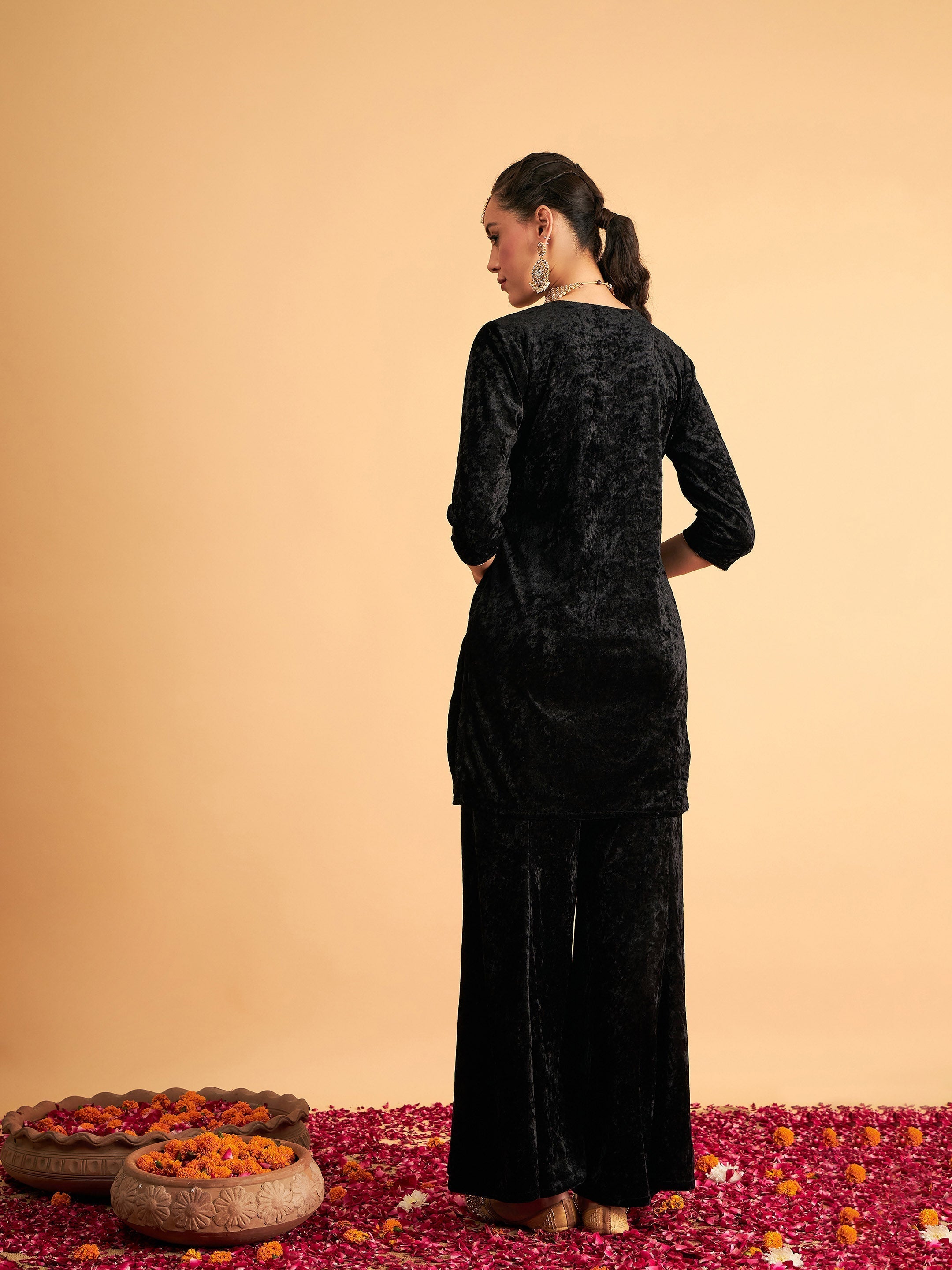 Women's Black Velvet Embroidered Short Kurta With Palazzos