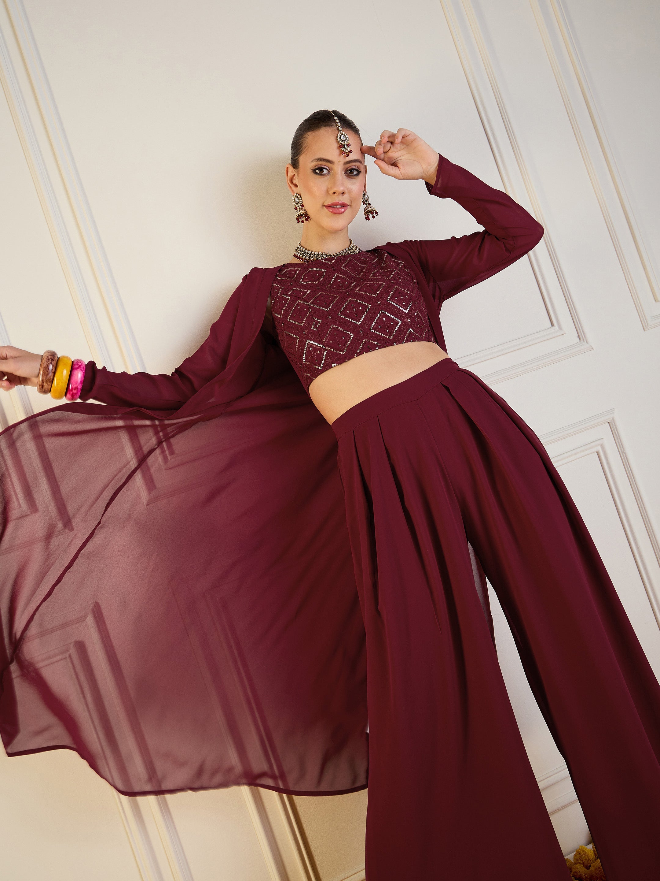 Women's Maroon Crop Top Co-Ord Set - Sassafras