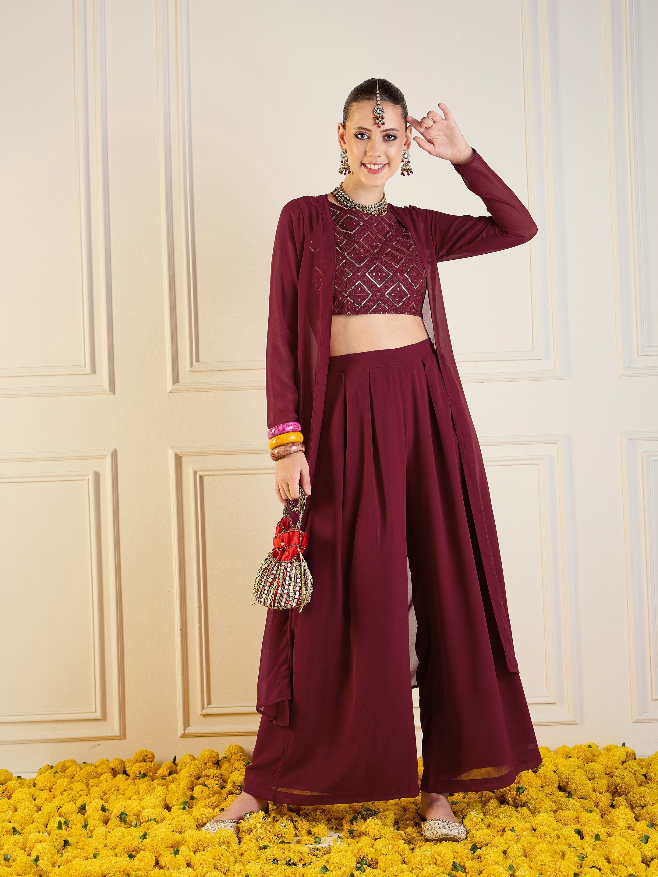 Women's Maroon Crop Top Co-Ord Set - Sassafras