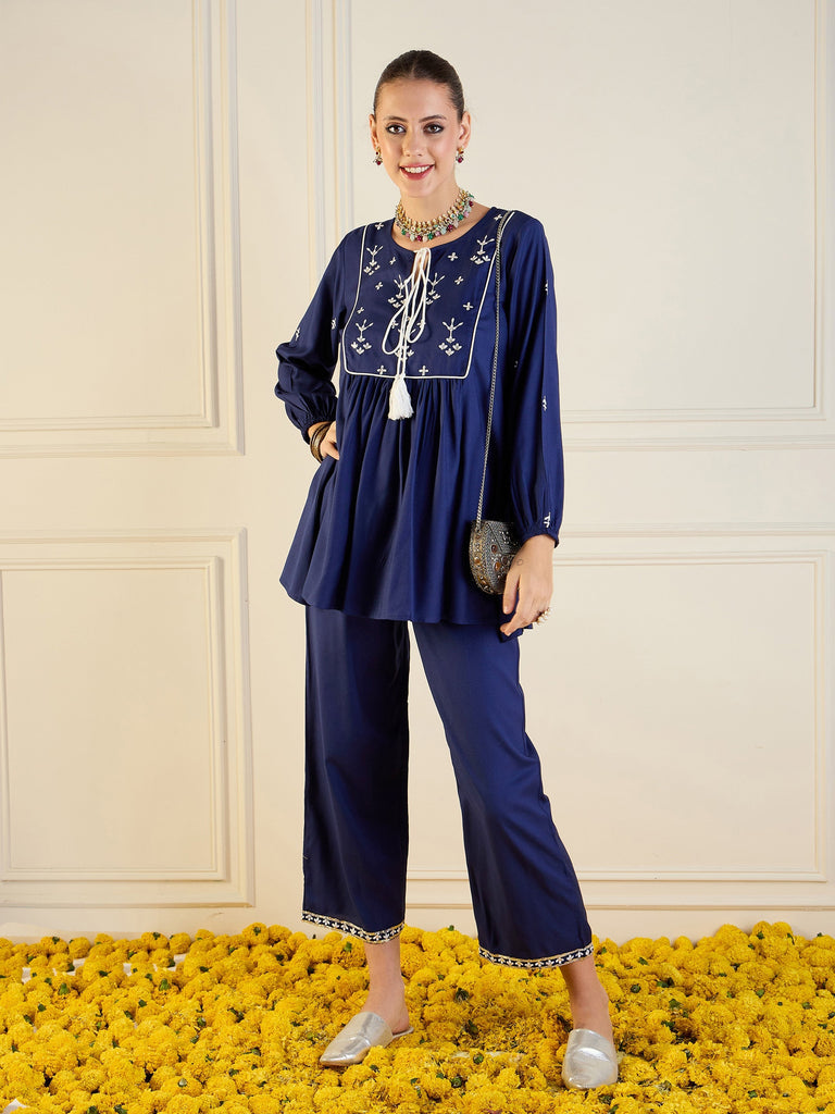 Women's Blue Embroidered Co-Ord Set
