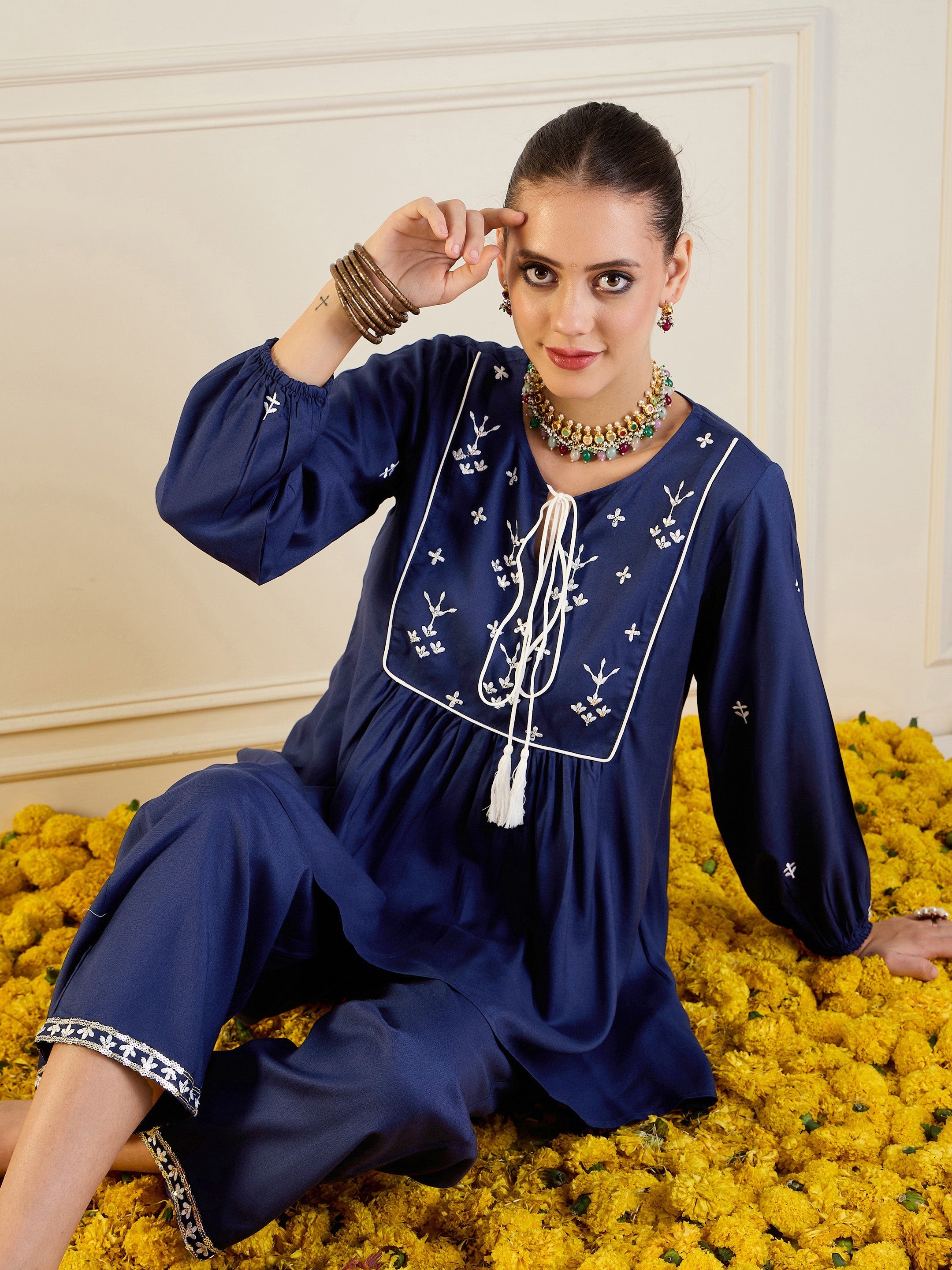 Women's Blue Embroidered Co-Ord Set - Sassafras