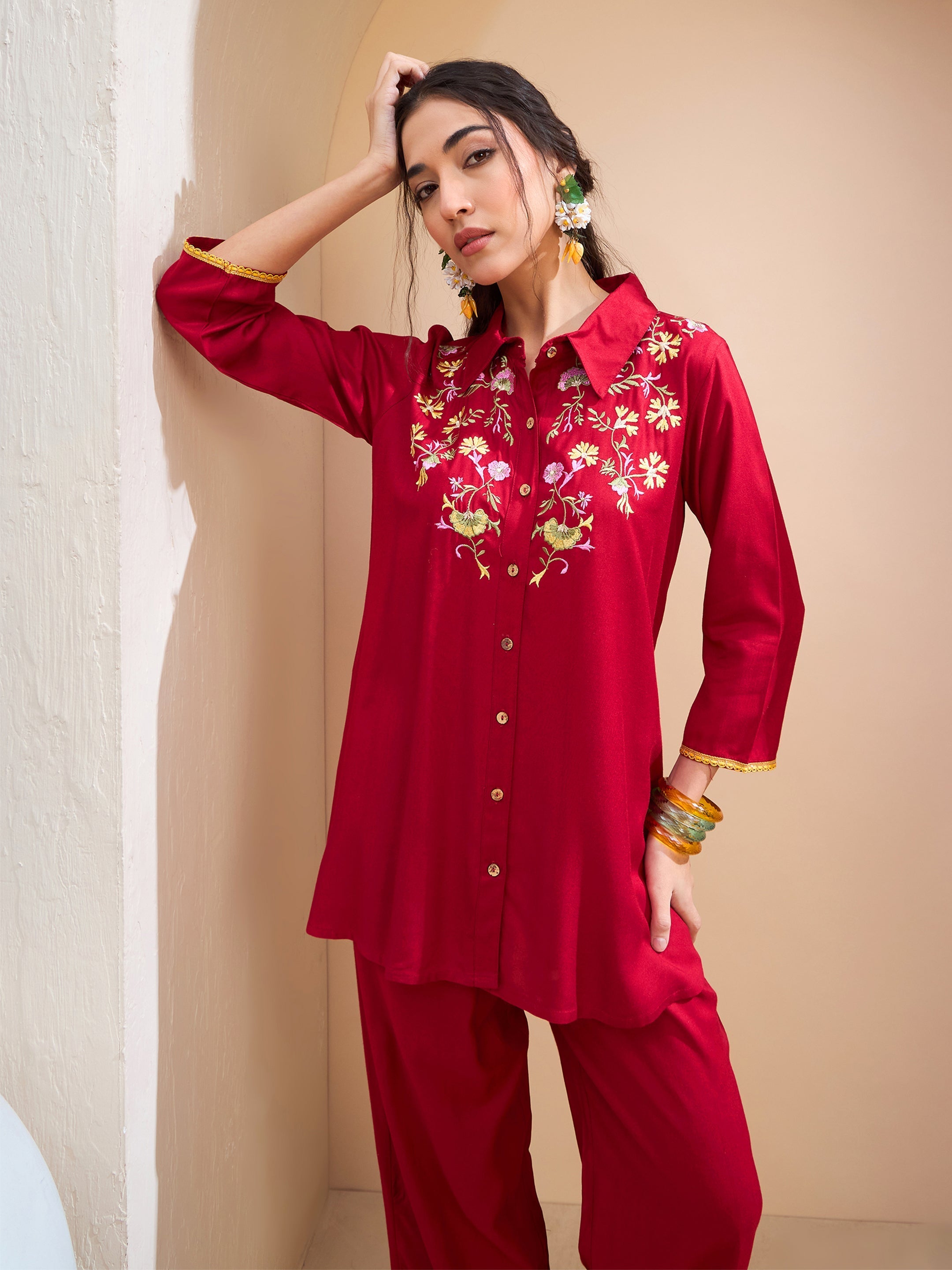 Women's Maroon Front Embroidered Shirt With Palazzos-SHAE