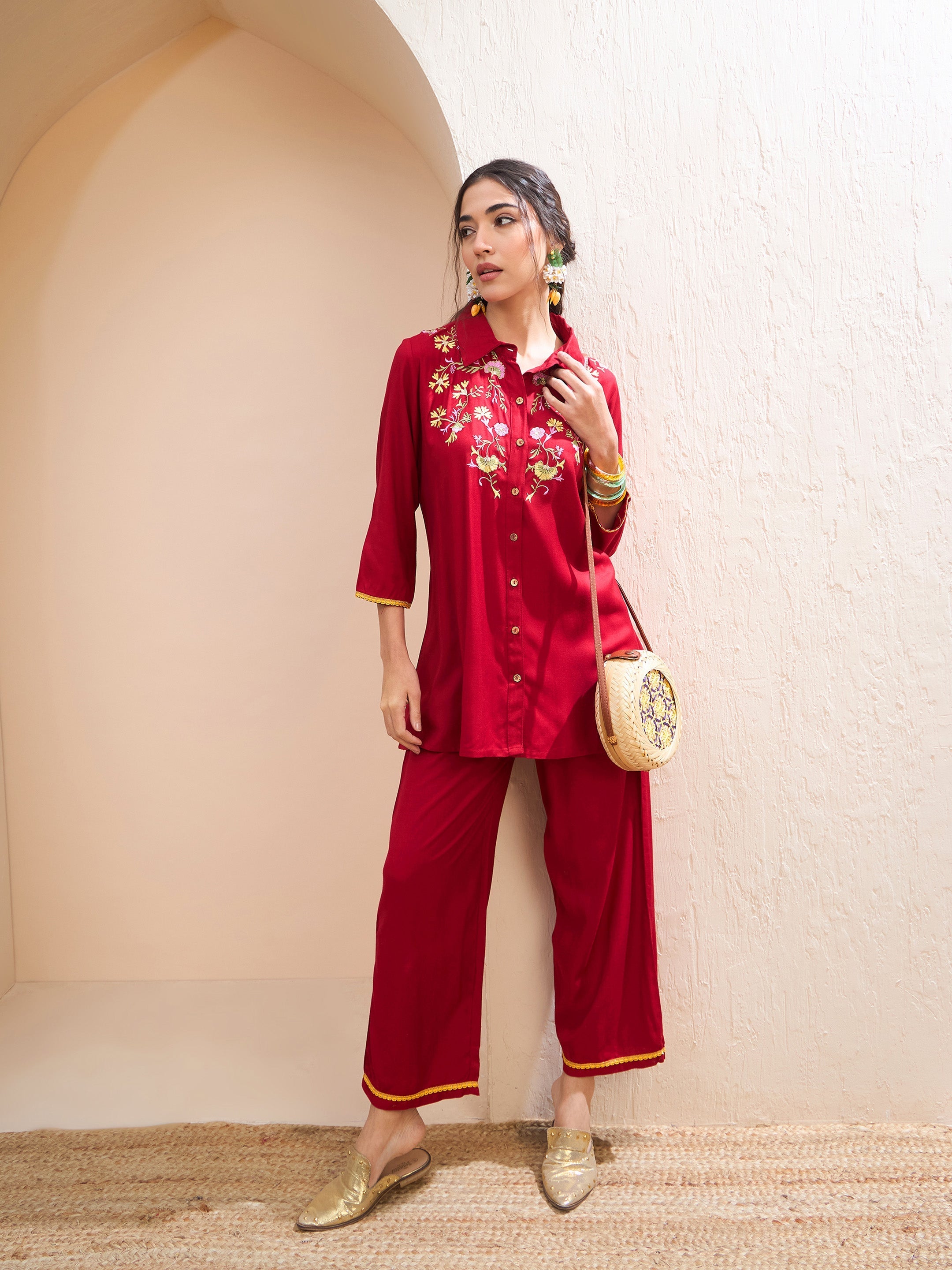 Women's Maroon Front Embroidered Shirt With Palazzos-SHAE