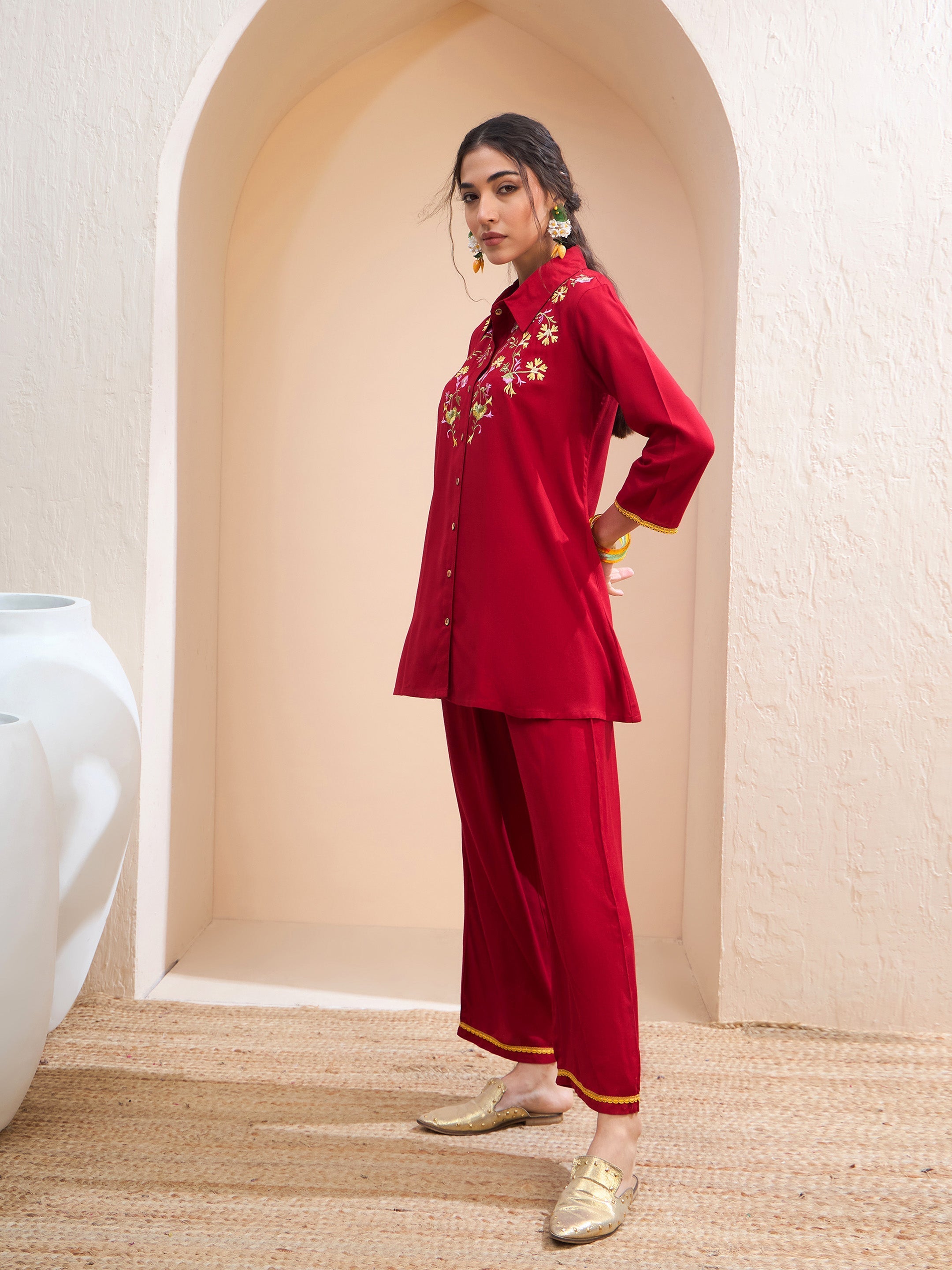 Women's Maroon Front Embroidered Shirt With Palazzos-SHAE