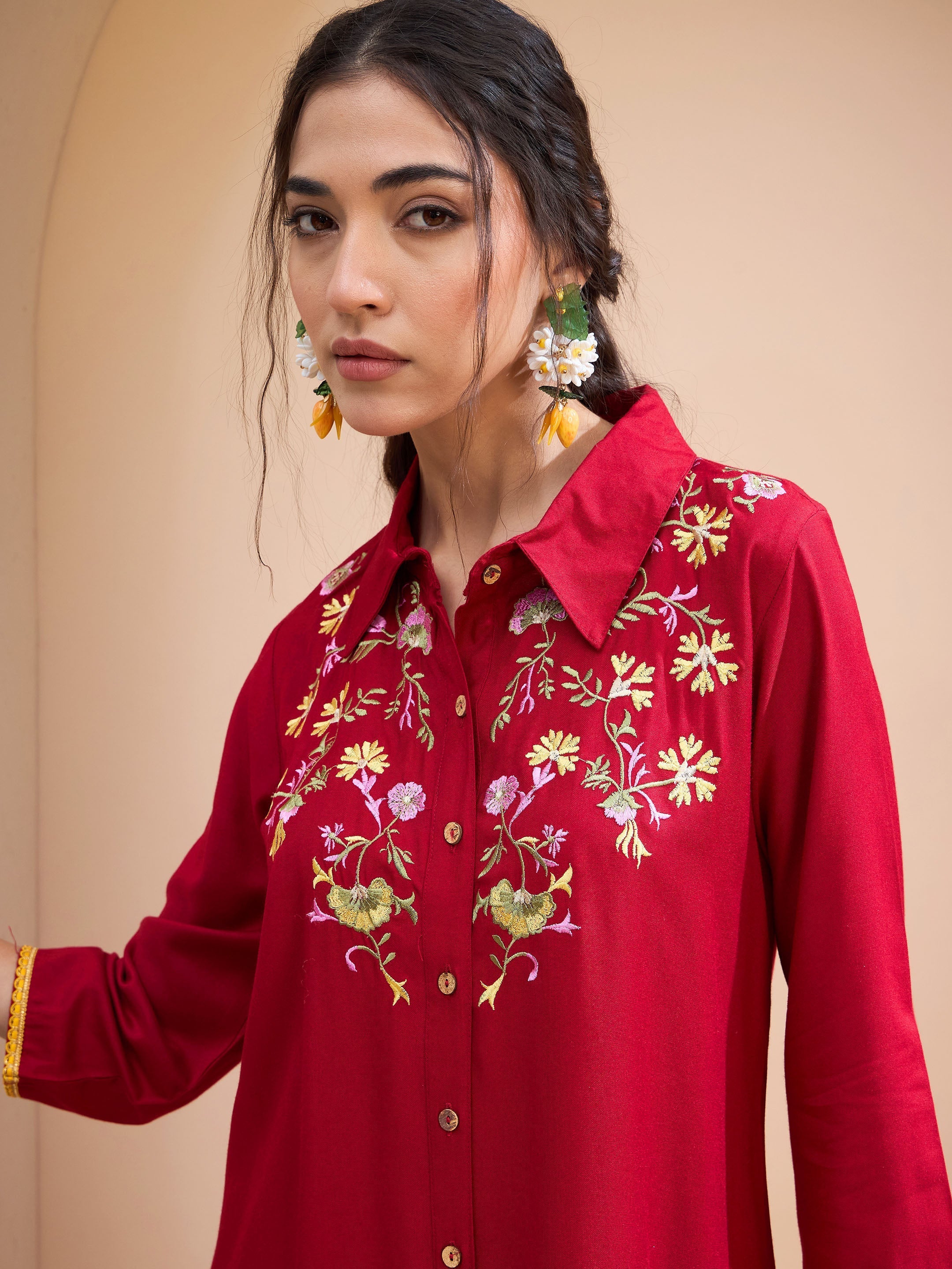 Women's Maroon Front Embroidered Shirt With Palazzos-SHAE