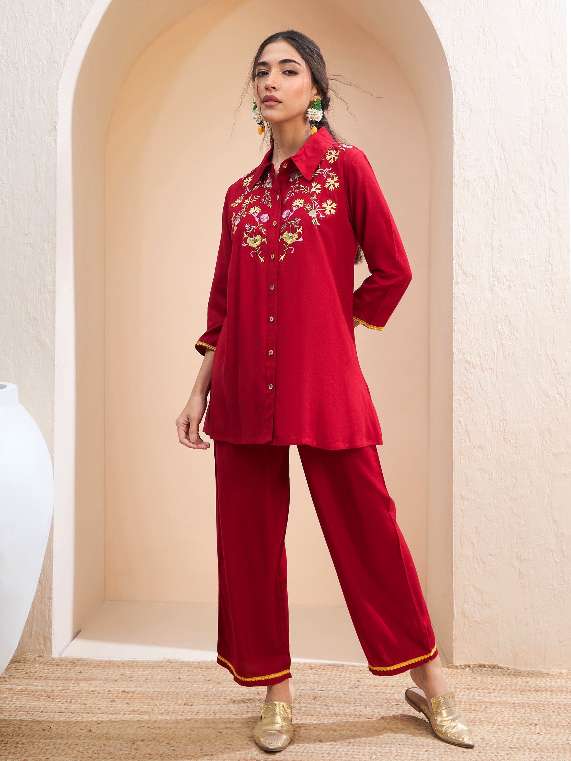 Women's Maroon Front Embroidered Shirt With Palazzos-SHAE