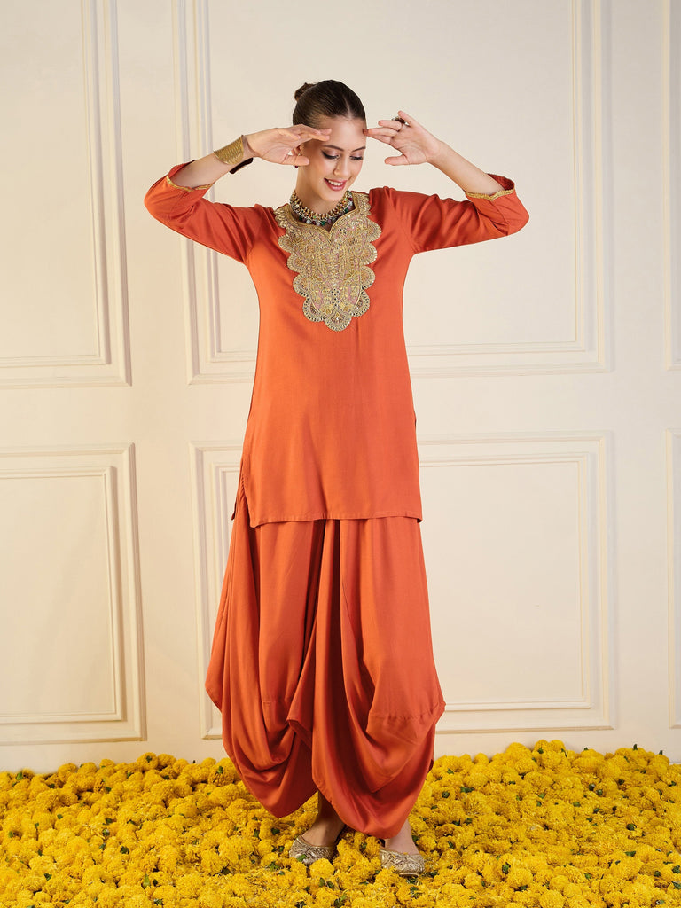 Women's Orange Embroidered Co-Ord Set