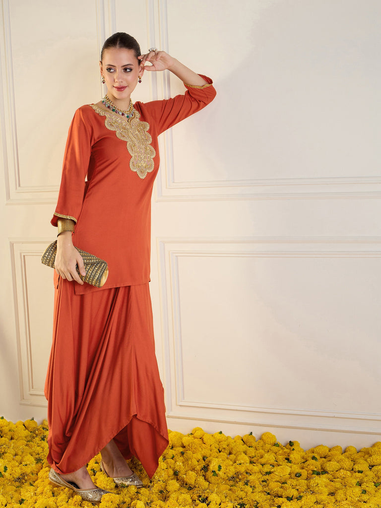 Women's Orange Embroidered Co-Ord Set