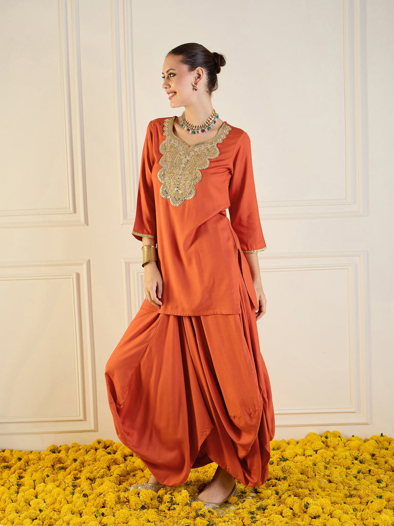 Women's Orange Embroidered Co-Ord Set