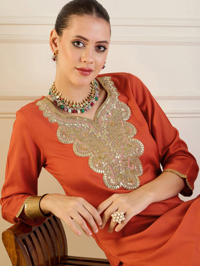 Women's Orange Embroidered Co-Ord Set