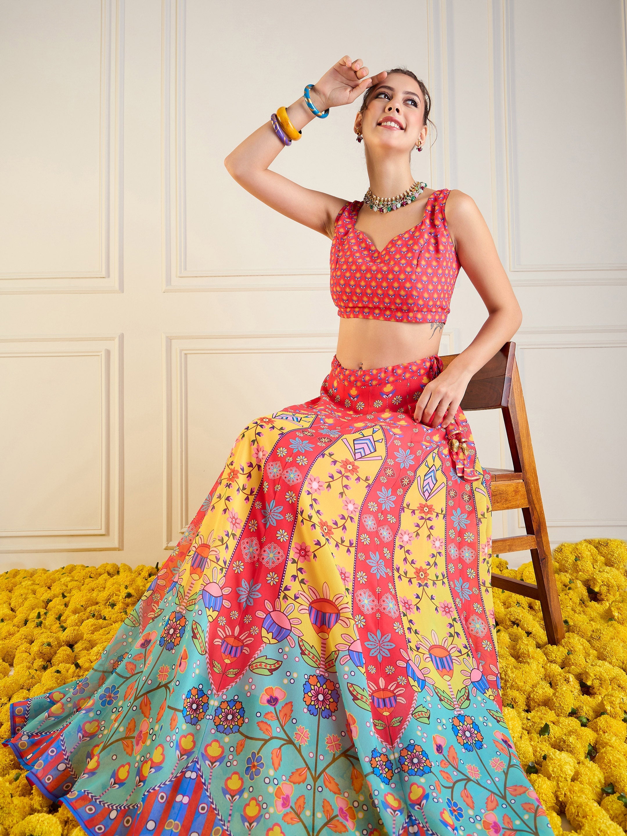 Women's Red Floral Lehenga Set - Sassafras