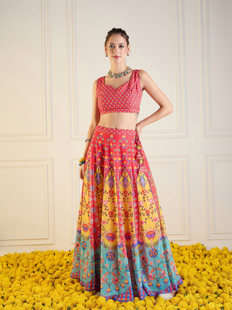 Women's Red Floral Lehenga Set