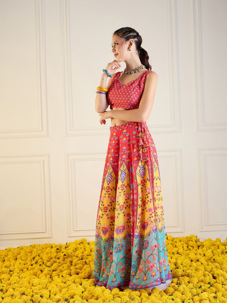 Women's Red Floral Lehenga Set