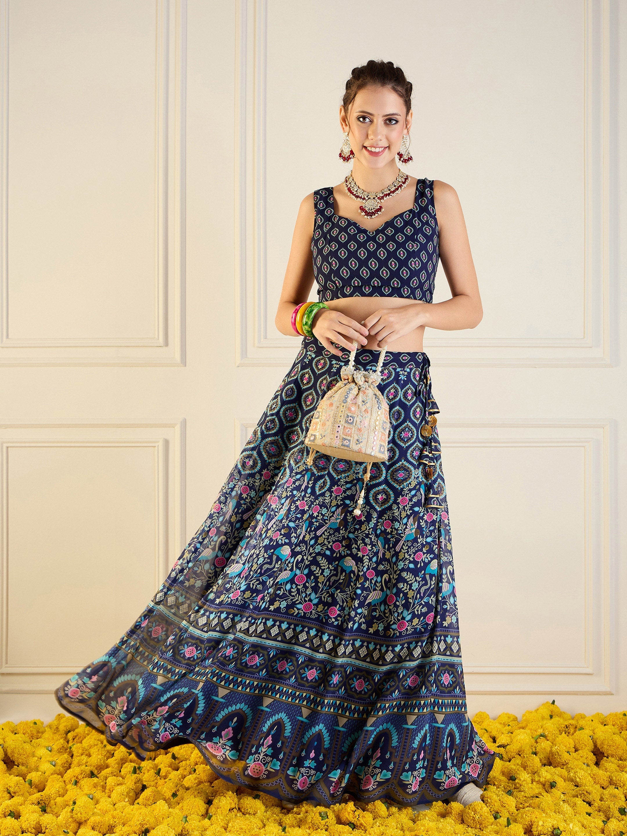 Women's Dark Blue Floral Lehenga Set - Sassafras