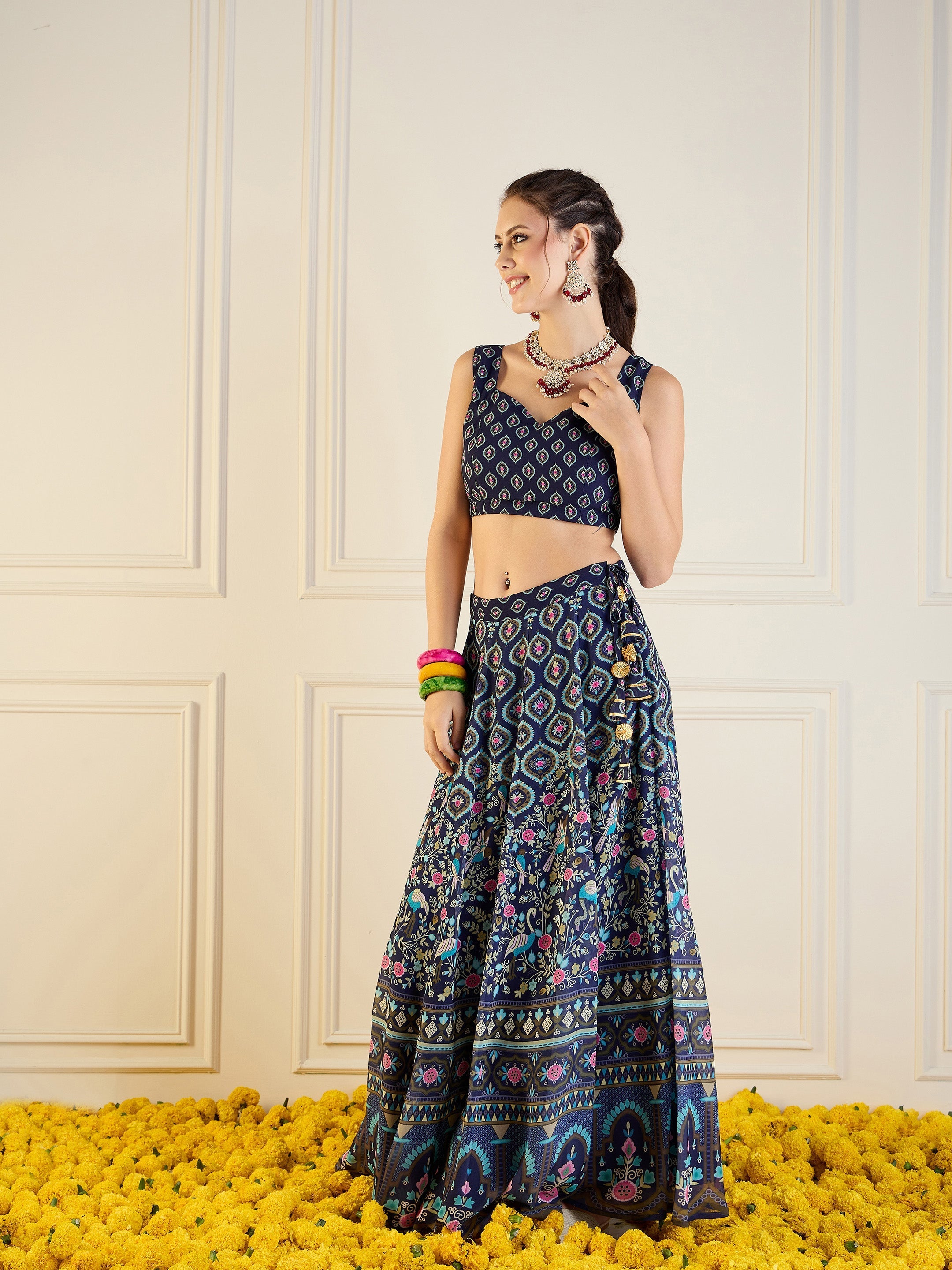 Women's Dark Blue Floral Lehenga Set - Sassafras