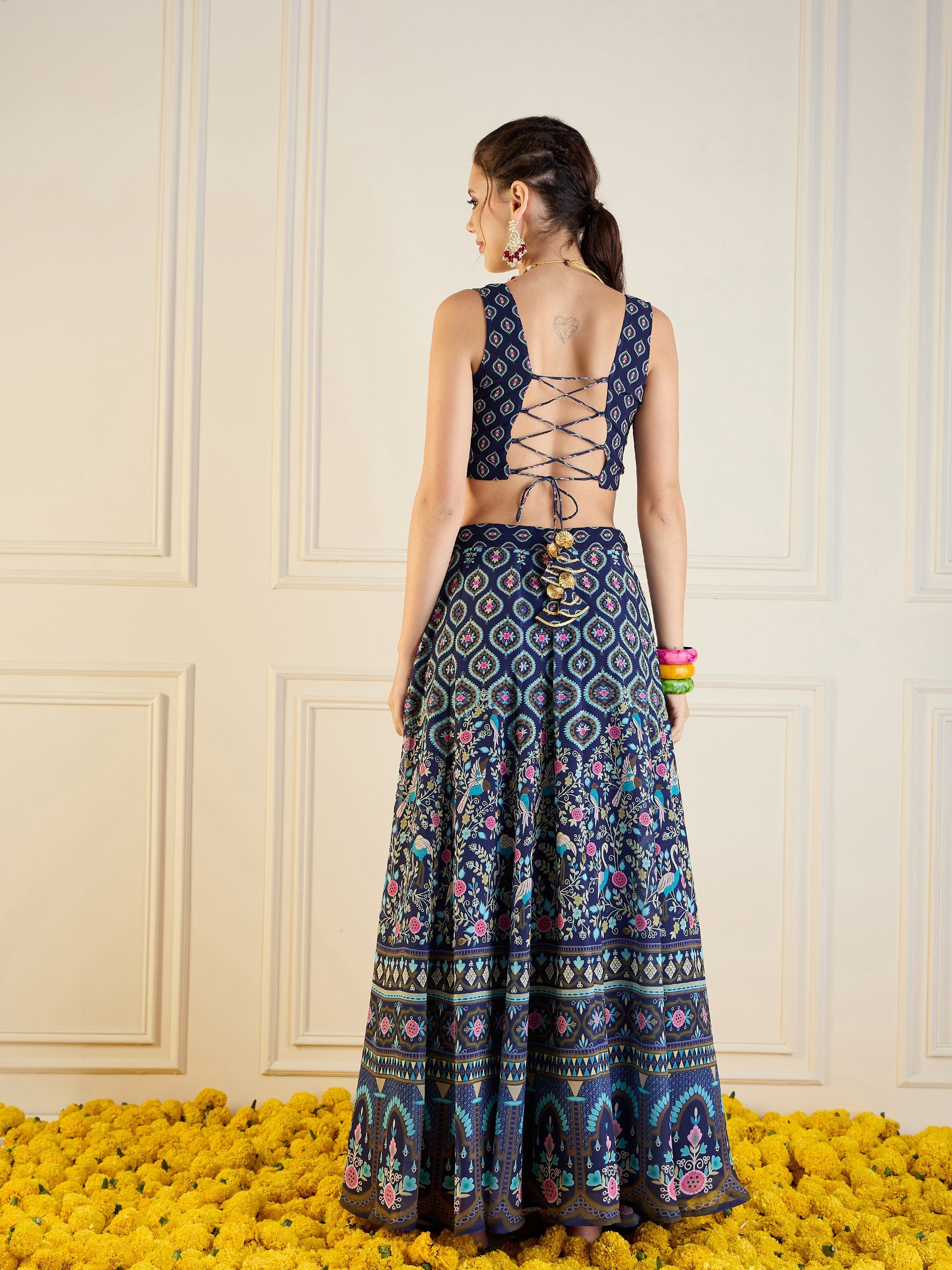 Women's Dark Blue Floral Lehenga Set - Sassafras