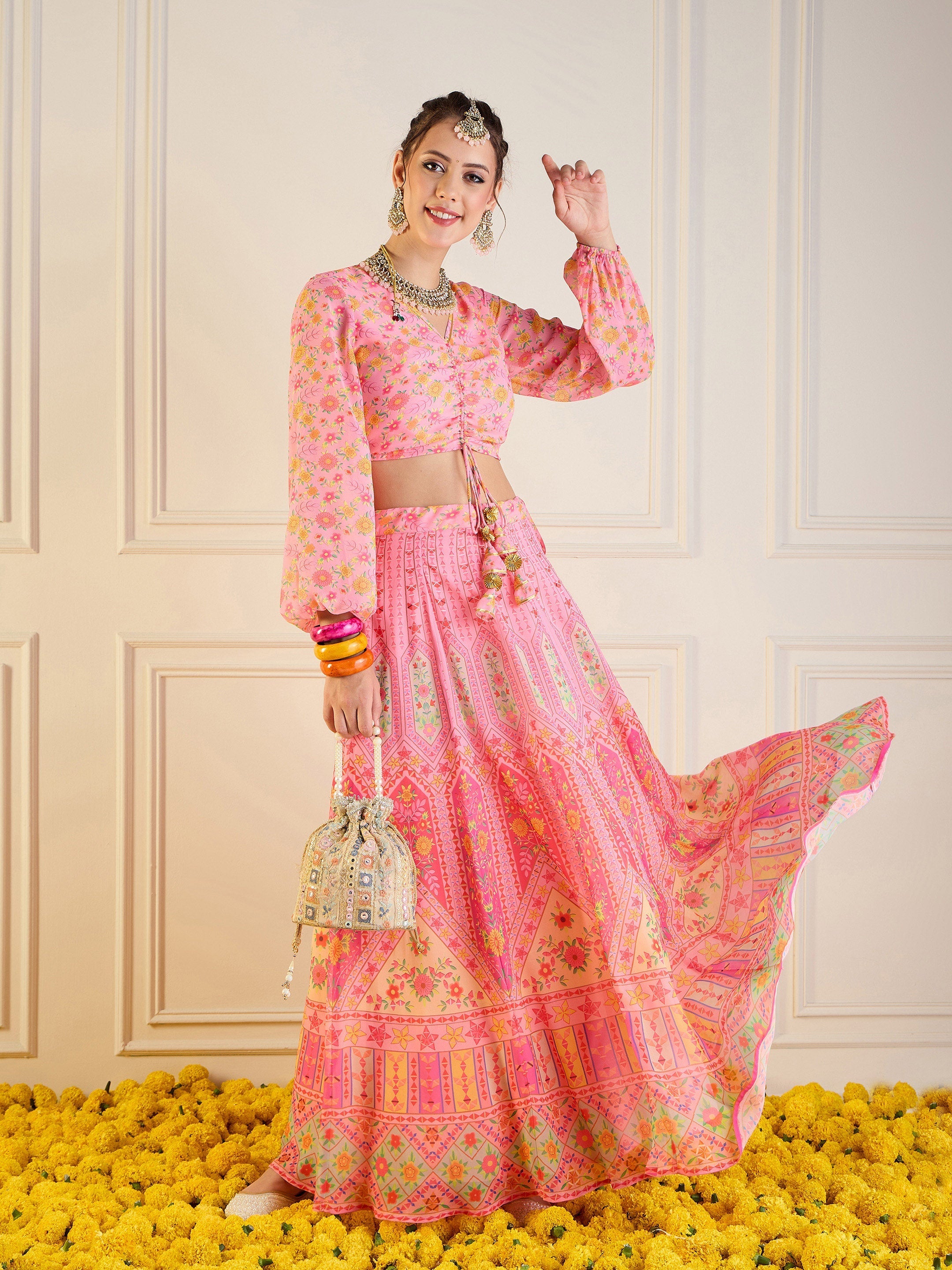 Women's Pink Floral Lehenga Set - Sassafras