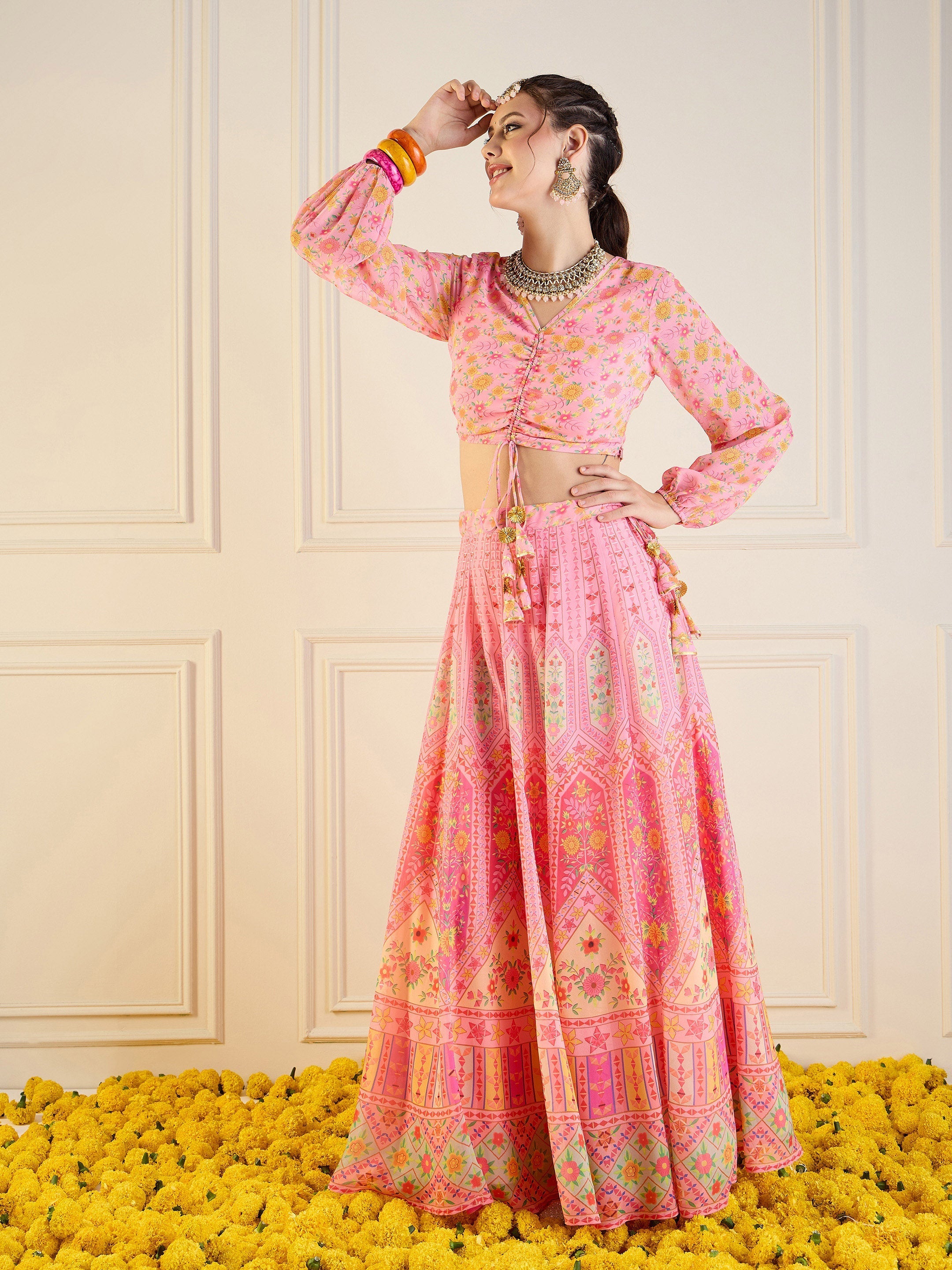 Women's Pink Floral Lehenga Set - Sassafras