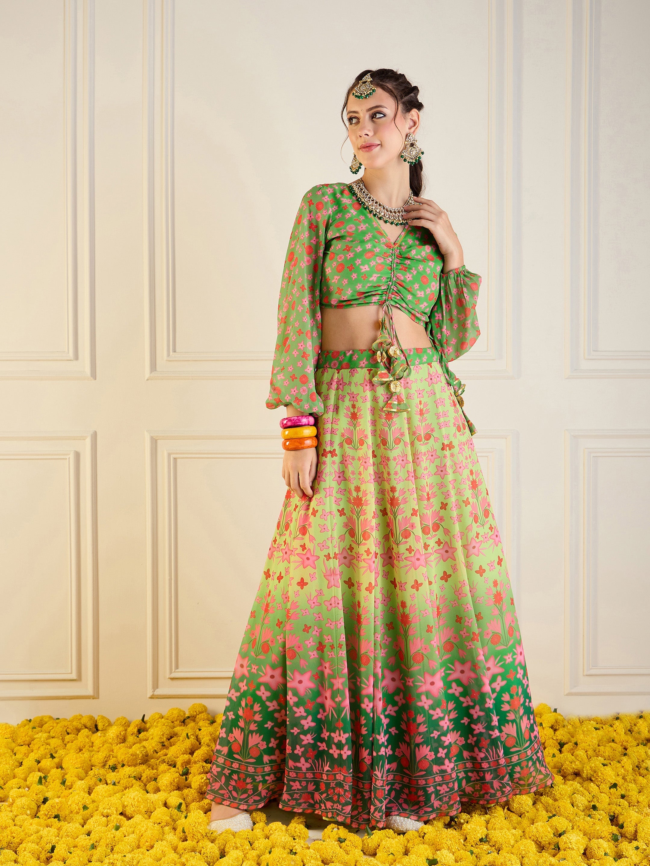 Women's Green Floral Lehenga Set - Sassafras