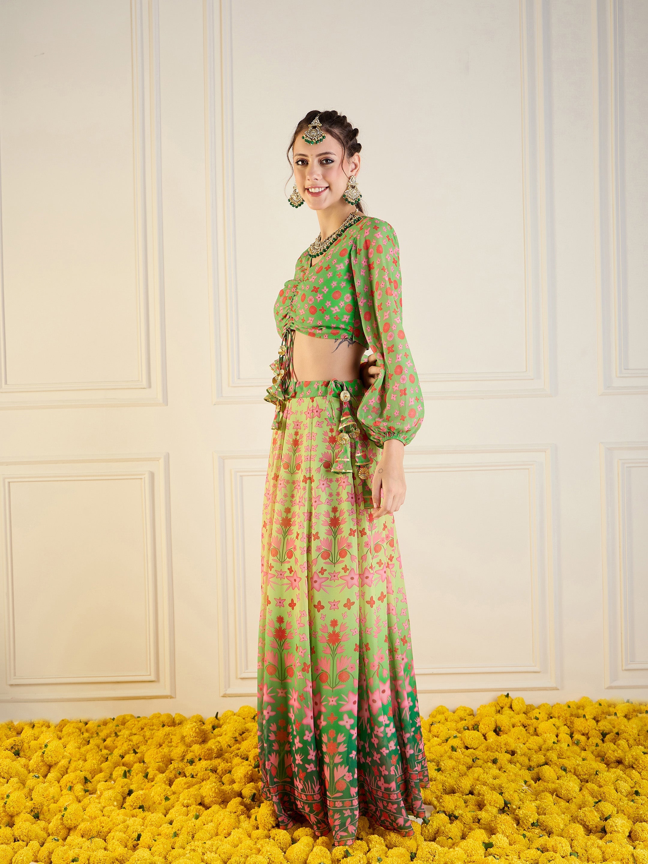 Women's Green Floral Lehenga Set - Sassafras