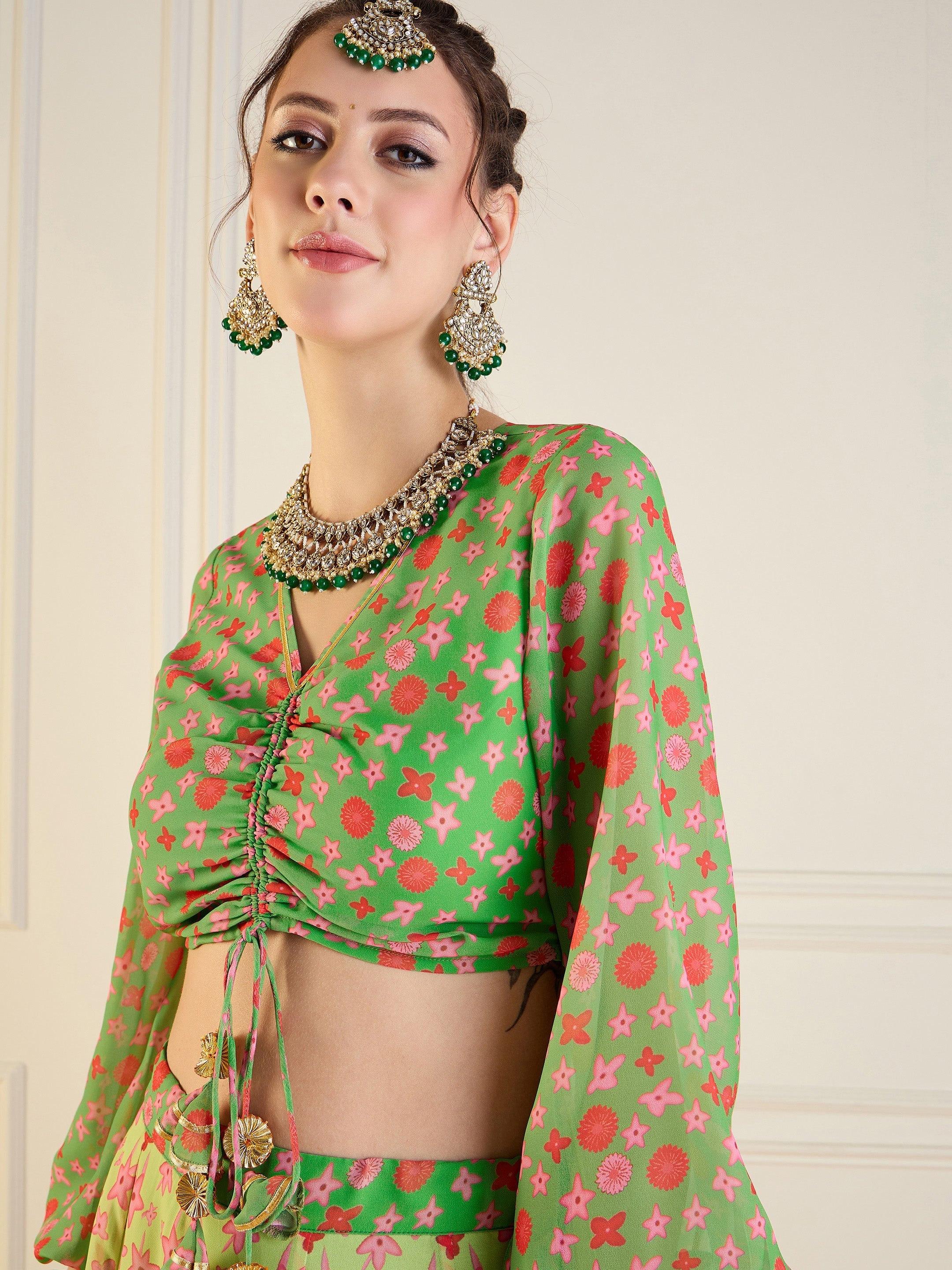 Women's Green Floral Lehenga Set - Sassafras