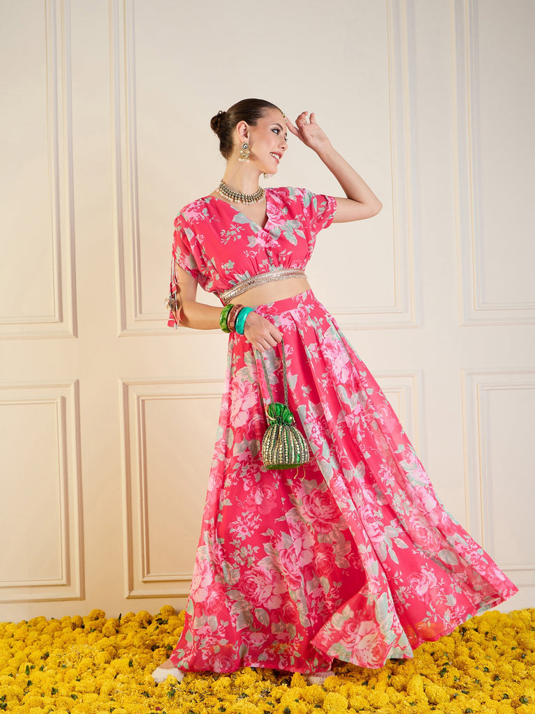 Women's Red Floral Lehenga Set