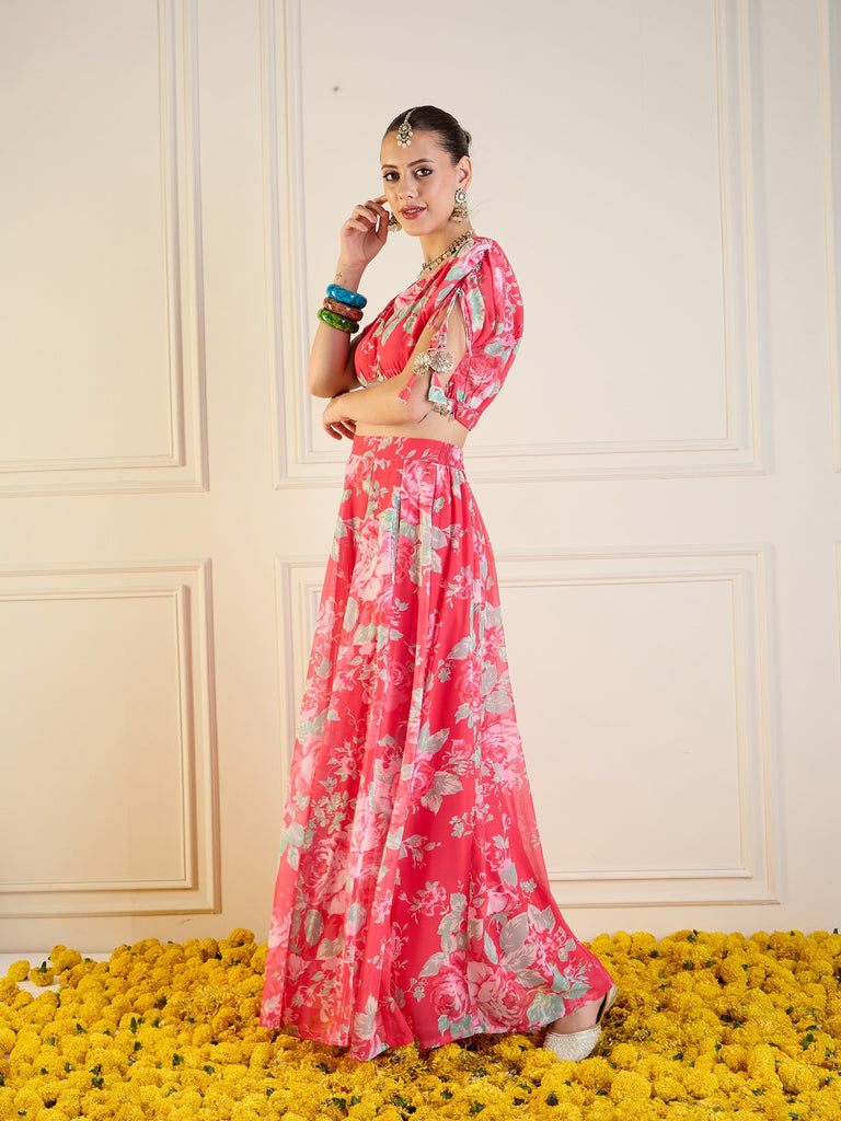 Women's Red Floral Lehenga Set