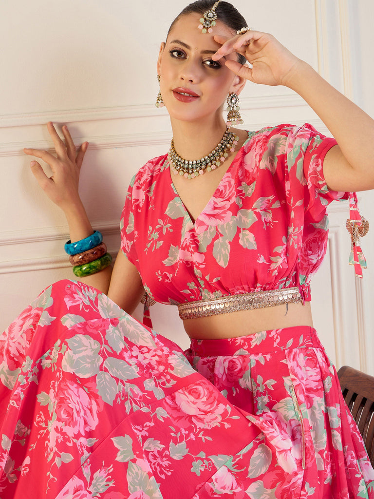Women's Red Floral Lehenga Set