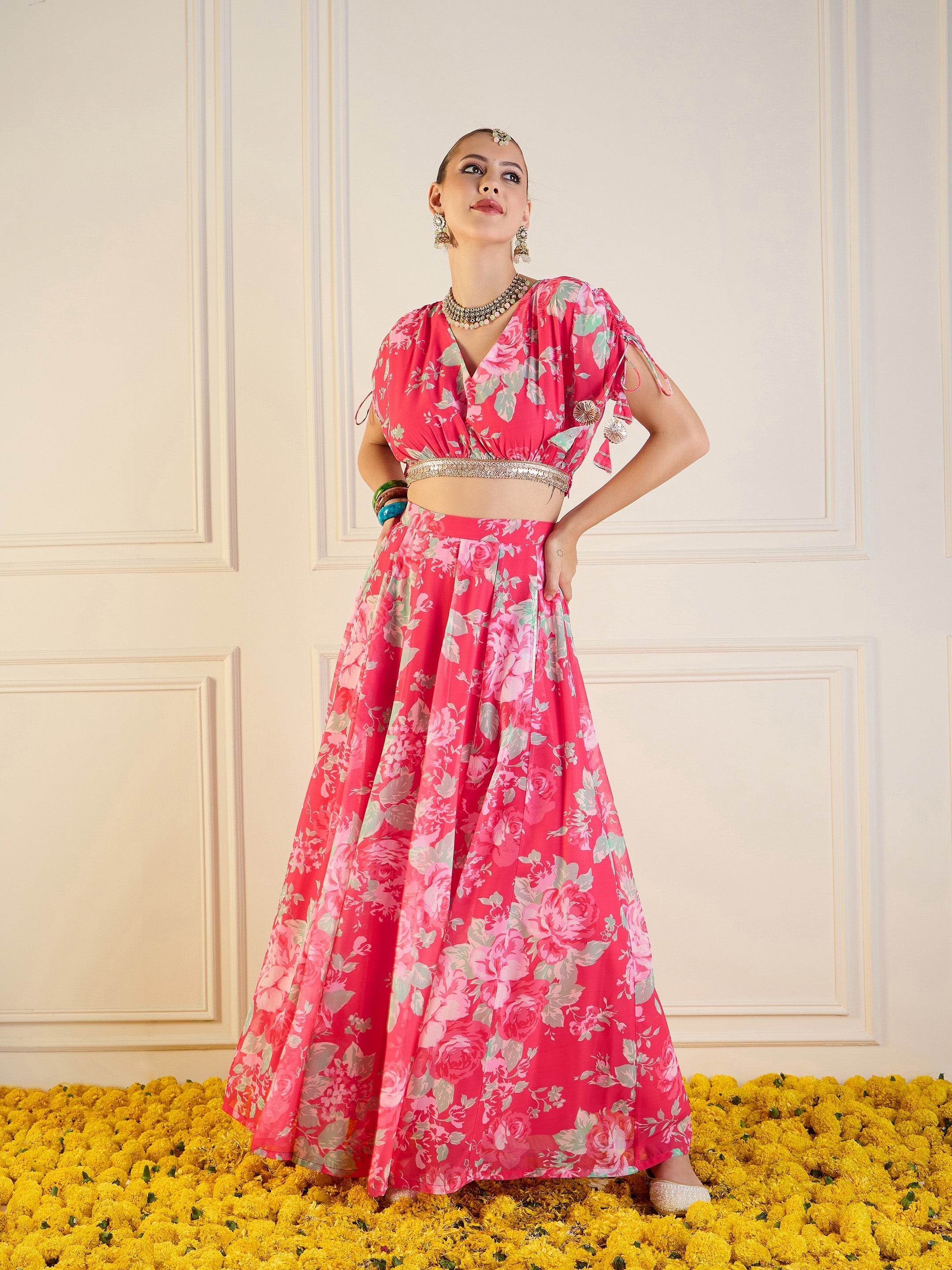 Women's Red Floral Lehenga Set - Sassafras