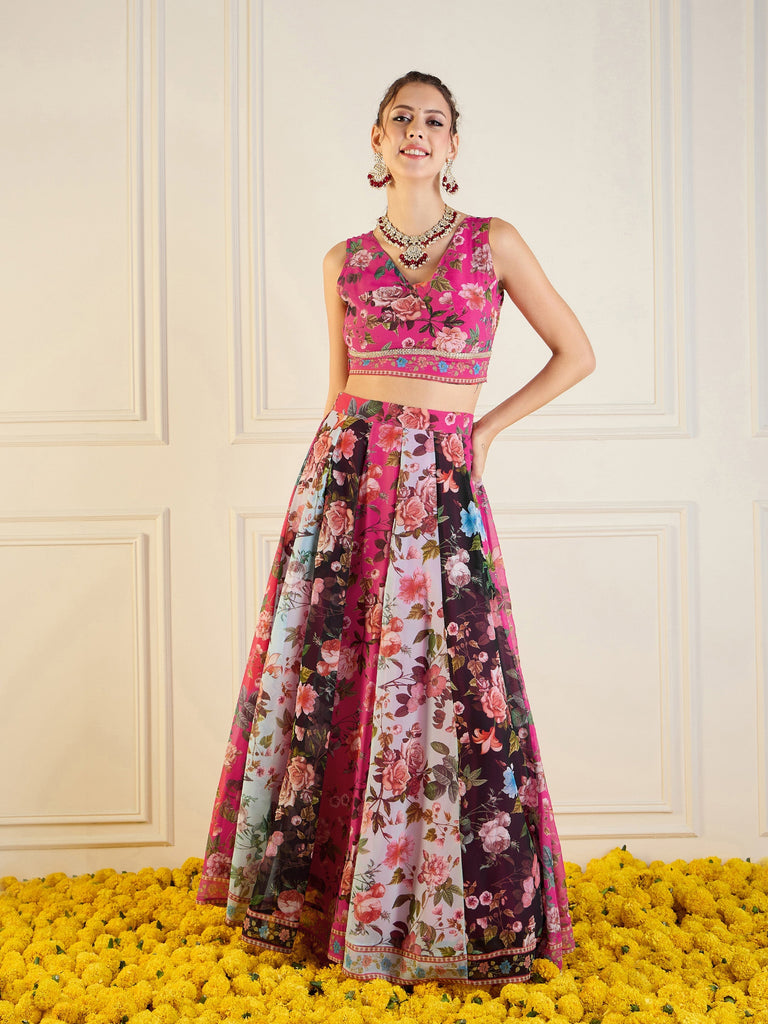 Women's Pink Floral Lehenga Set