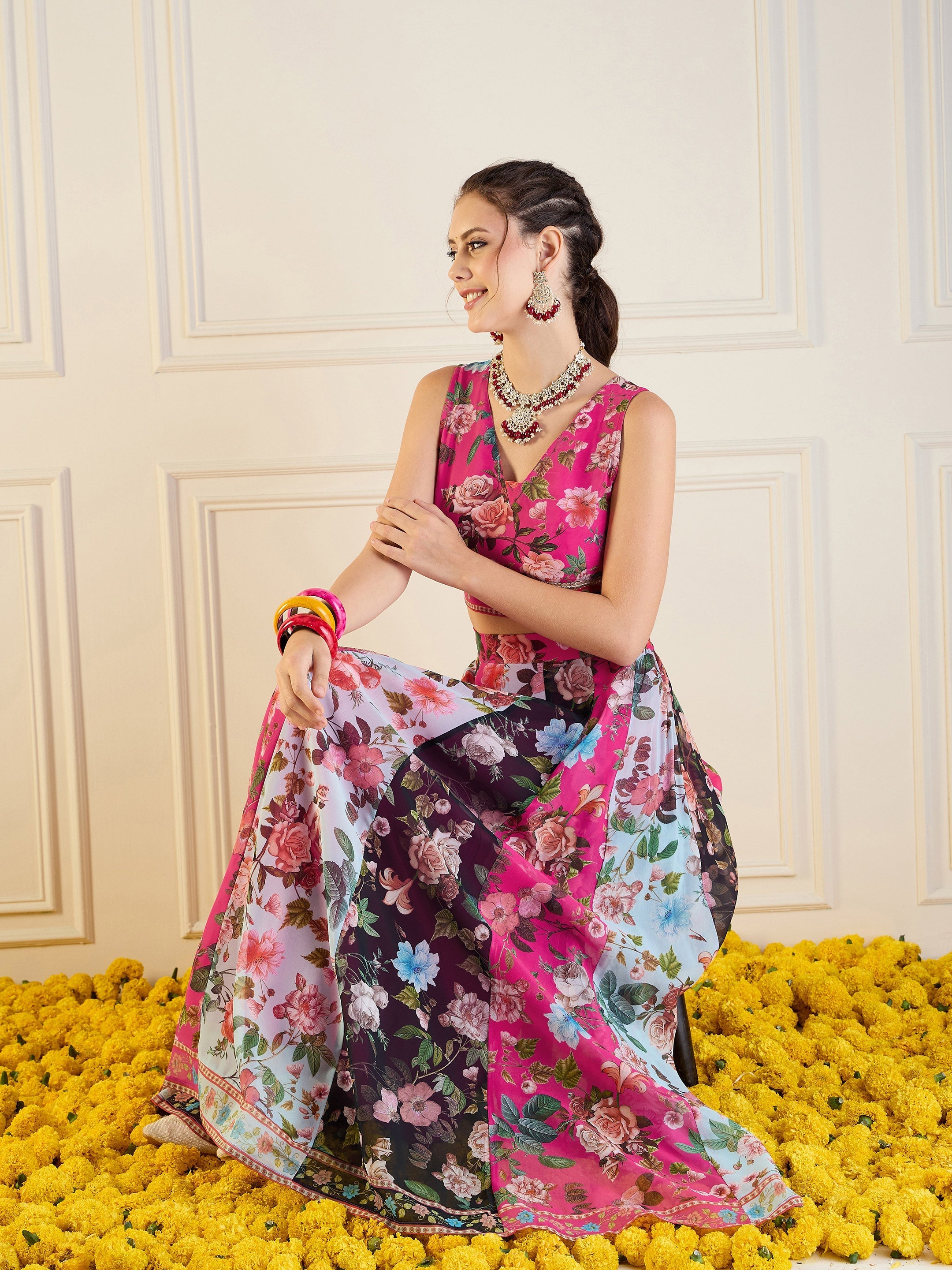 Women's Pink Floral Lehenga Set