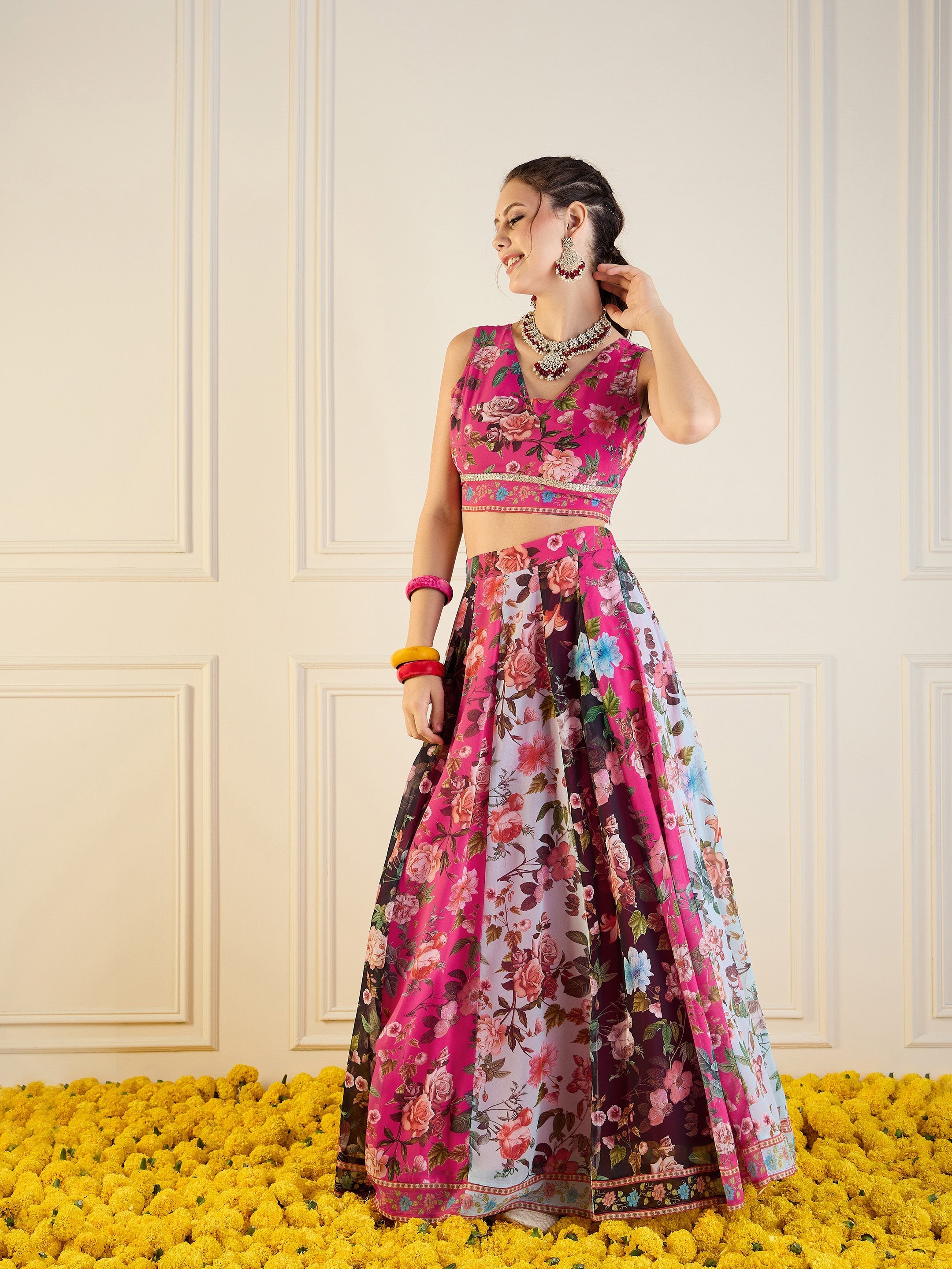 Women's Pink Floral Lehenga Set - Sassafras