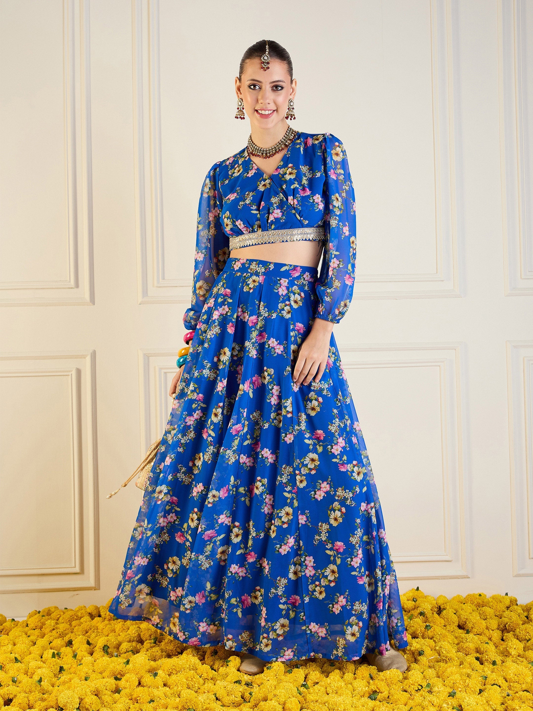 Women's Blue Floral Lehenga Set - Sassafras