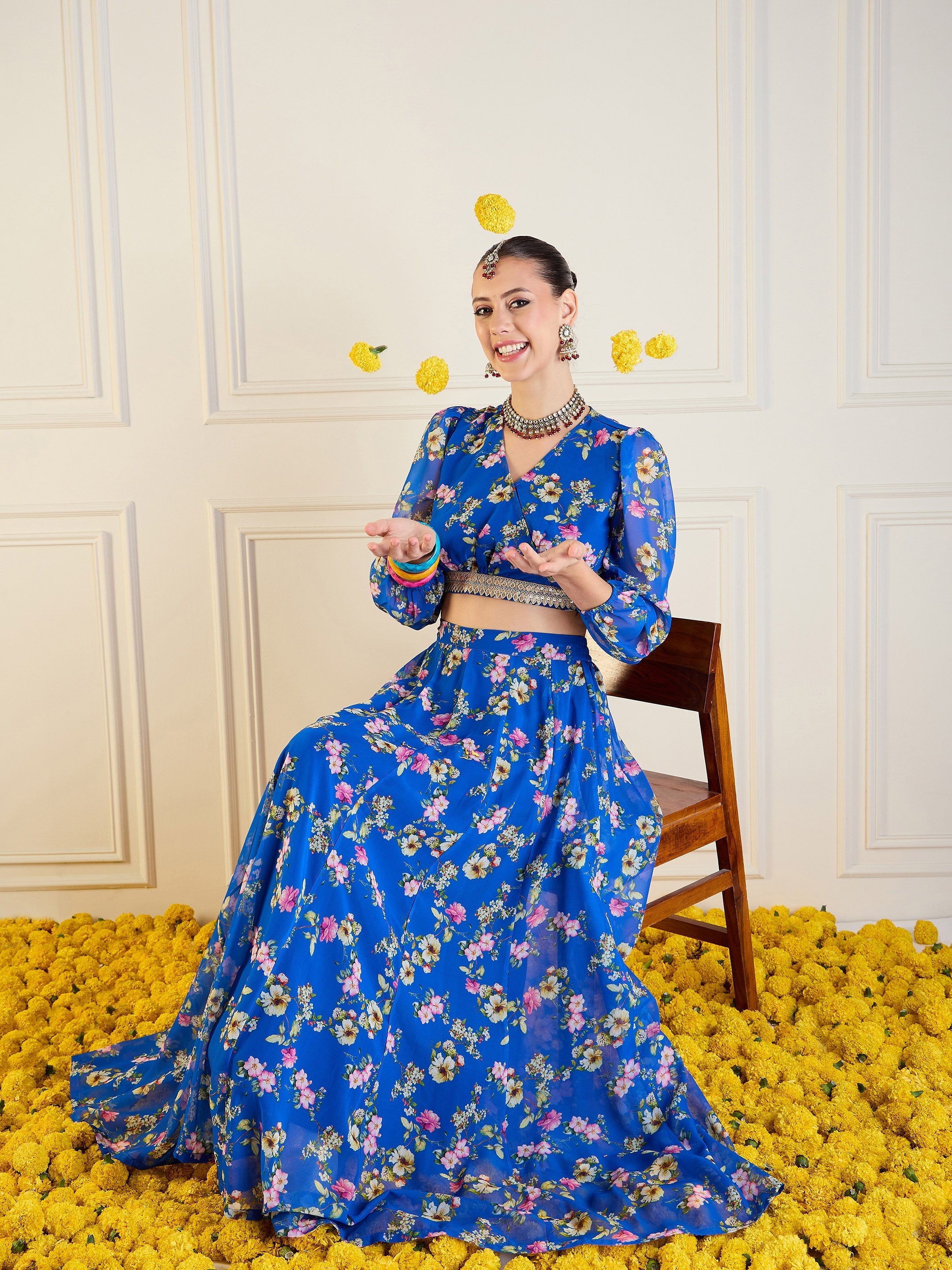 Women's Blue Floral Lehenga Set - Sassafras